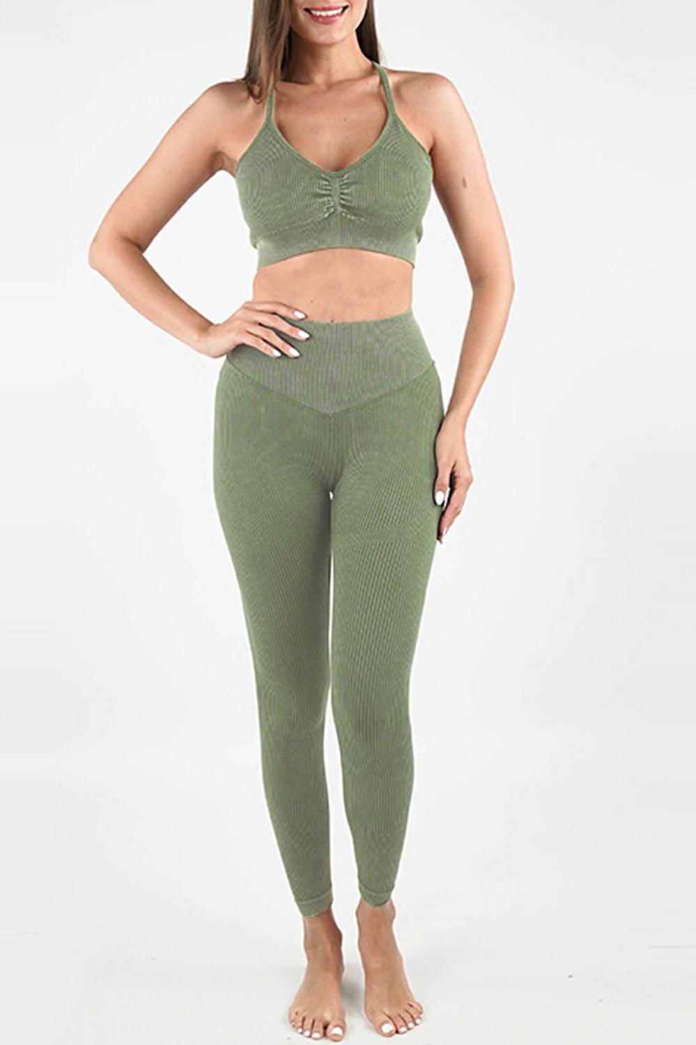 Womens  Activewear Sets | Laurel Green Seamless Ribbed Spaghetti Straps Bra Leggings Sports Set ACTIVEWEAR Activewear Sets