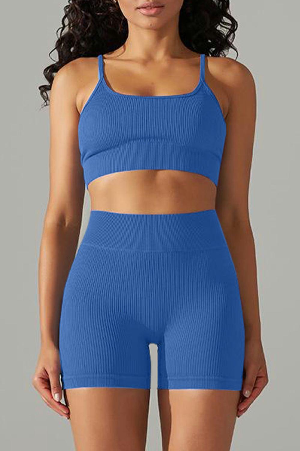 Womens  Activewear Sets | Sky Blue Spaghetti Straps Bra and High Waist Shorts Workout Set ACTIVEWEAR Activewear Sets