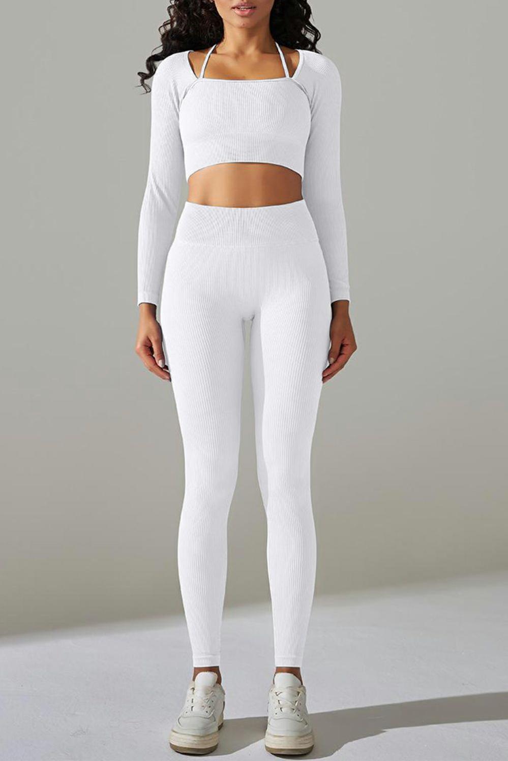 Womens  Activewear Sets | White Ribbed Long Sleeve Strappy Square Neck 2pcs Yoga Set ACTIVEWEAR Activewear Sets