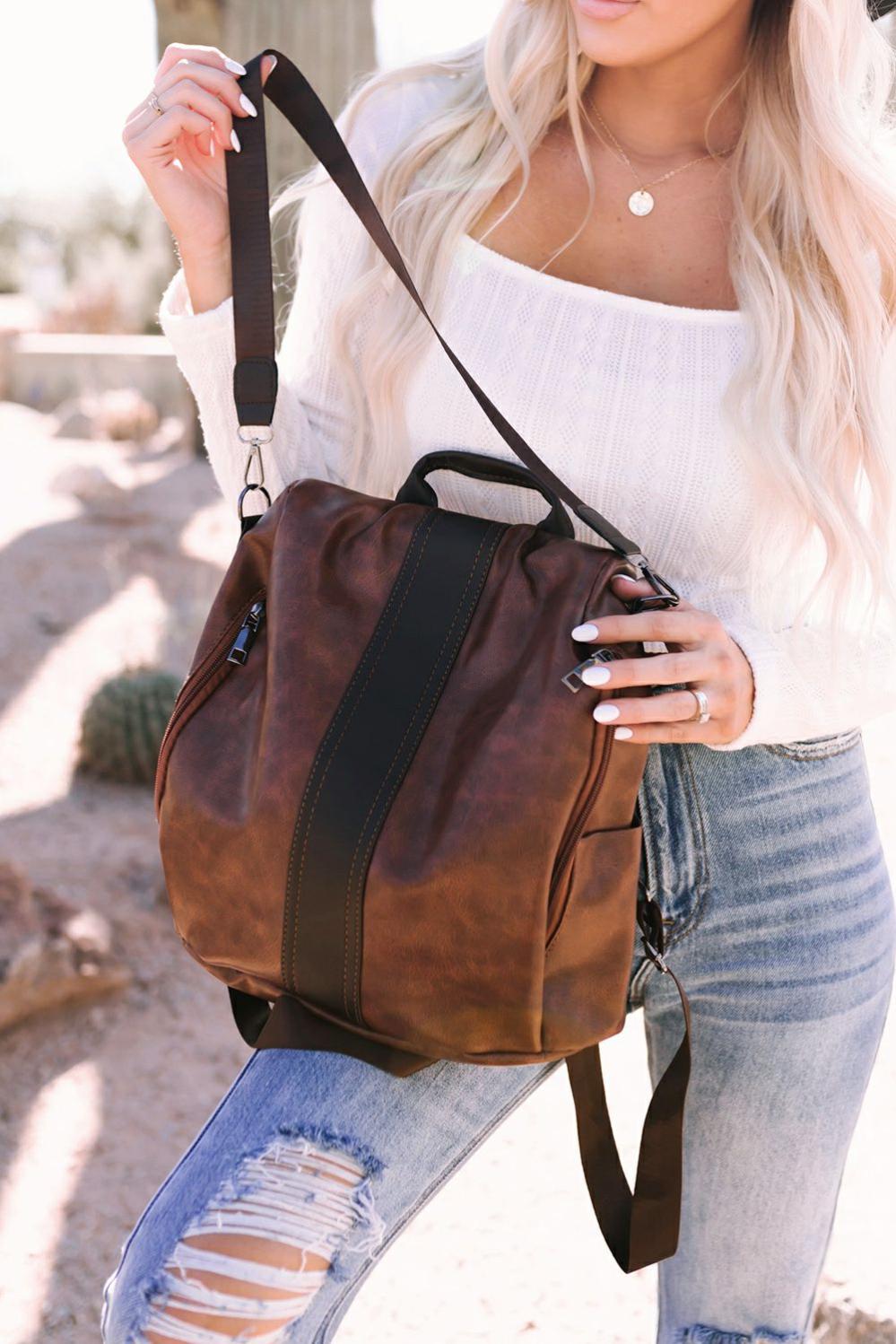 Womens  Backpacks | Brown Retro Faux Leather Multi-Functional Zipper Backpack Backpacks Backpacks