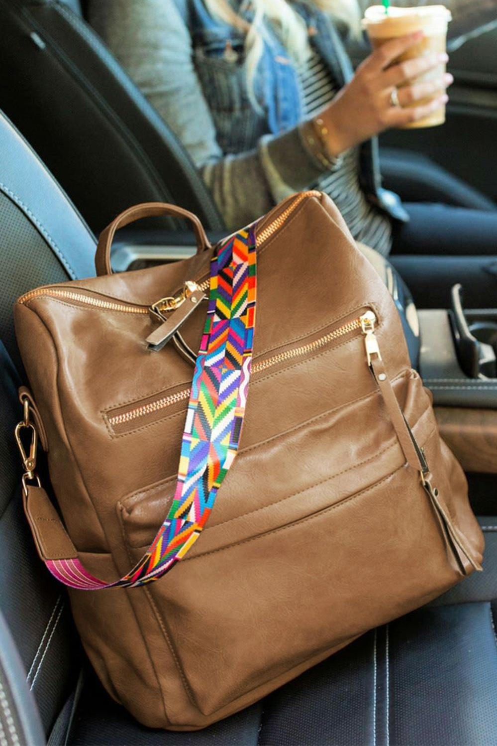 Womens  Backpacks | Chestnut Geometric Crochet Strap PU Leather Large Backpack Backpacks Backpacks