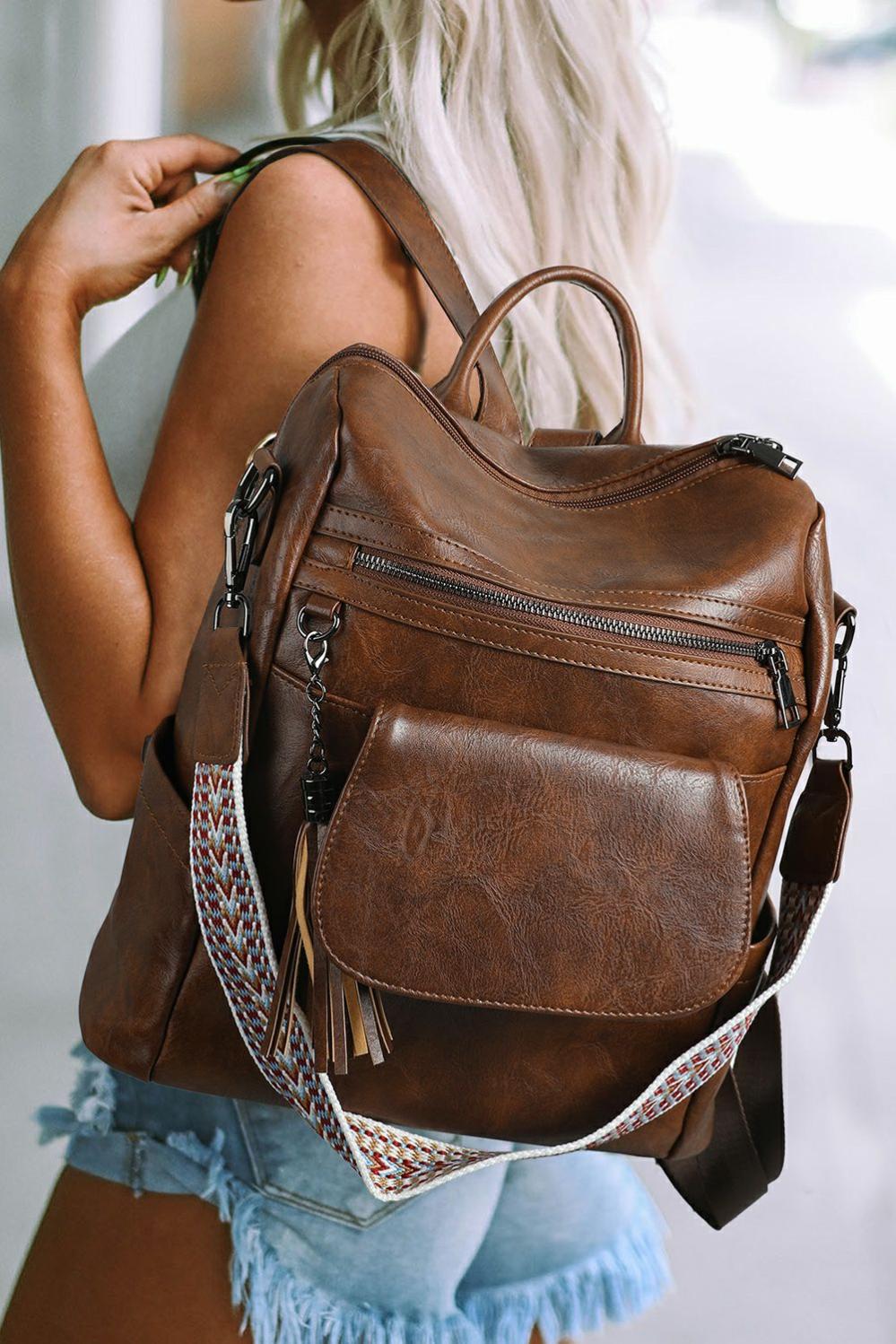 Womens  Backpacks | Dark Brown Tassel Decor Retro PU Large Capacity Backpack Backpacks Backpacks