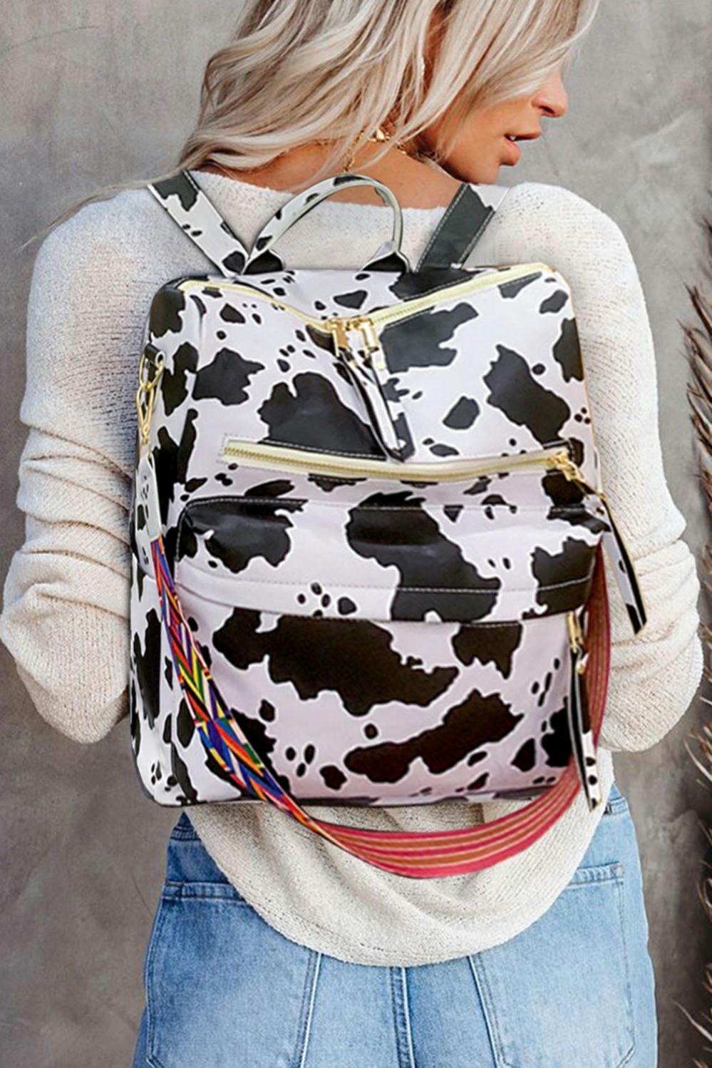 Womens  Backpacks | White Cow Print Multi Compartment PU Leather Backpack Backpacks Backpacks