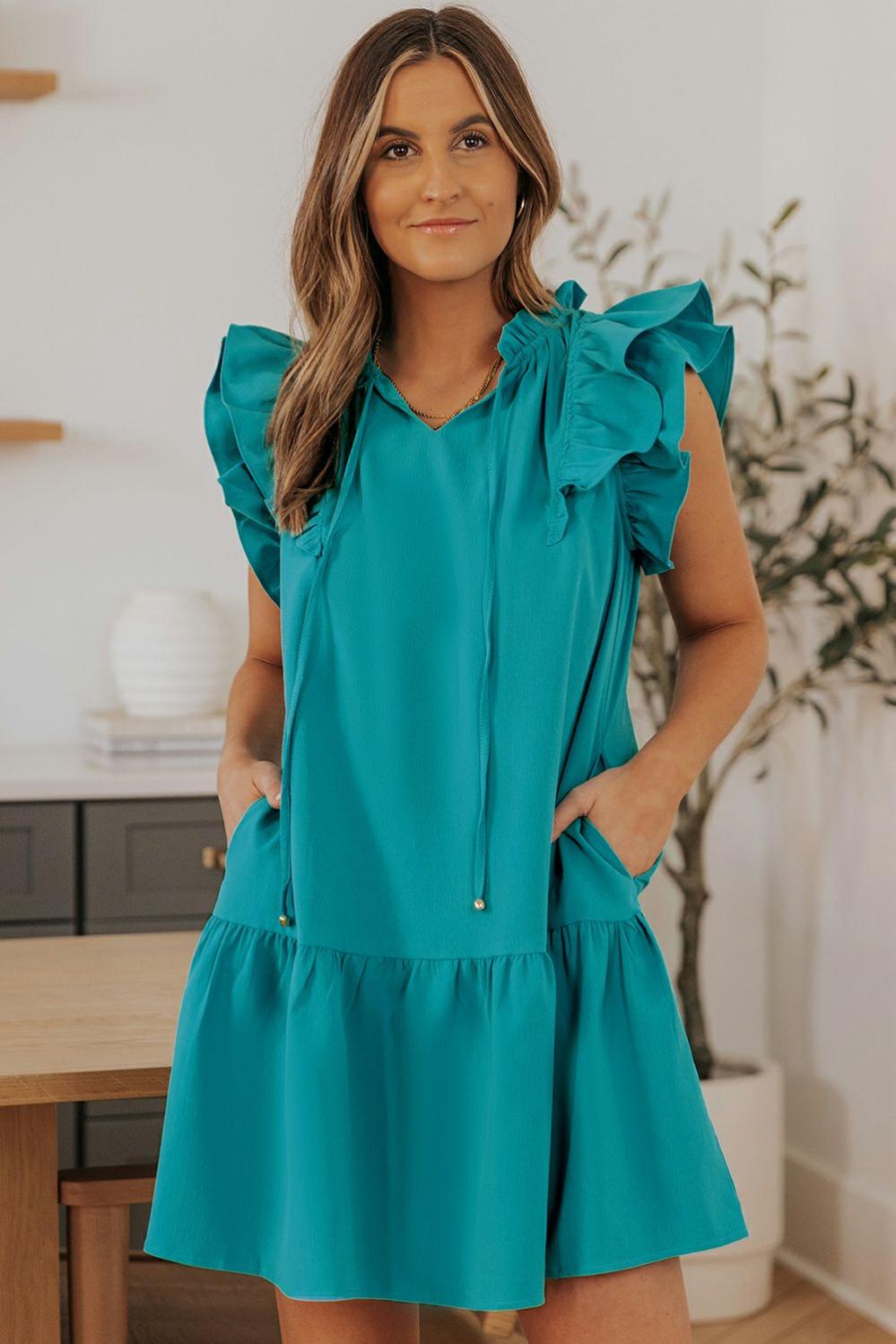 Womens  Blank Apparel | Green Tiered Ruffled Sleeves Mini Dress with Pockets Blank Apparel Blank Apparel