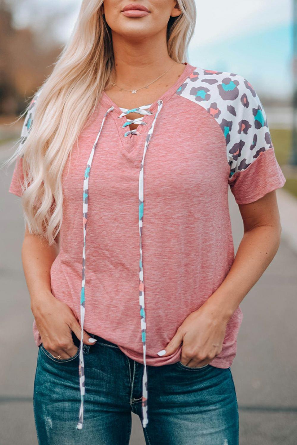 Womens  Blank Apparel | Pink Lace up Leopard Sleeve T Shirt Blank Apparel Blank Apparel