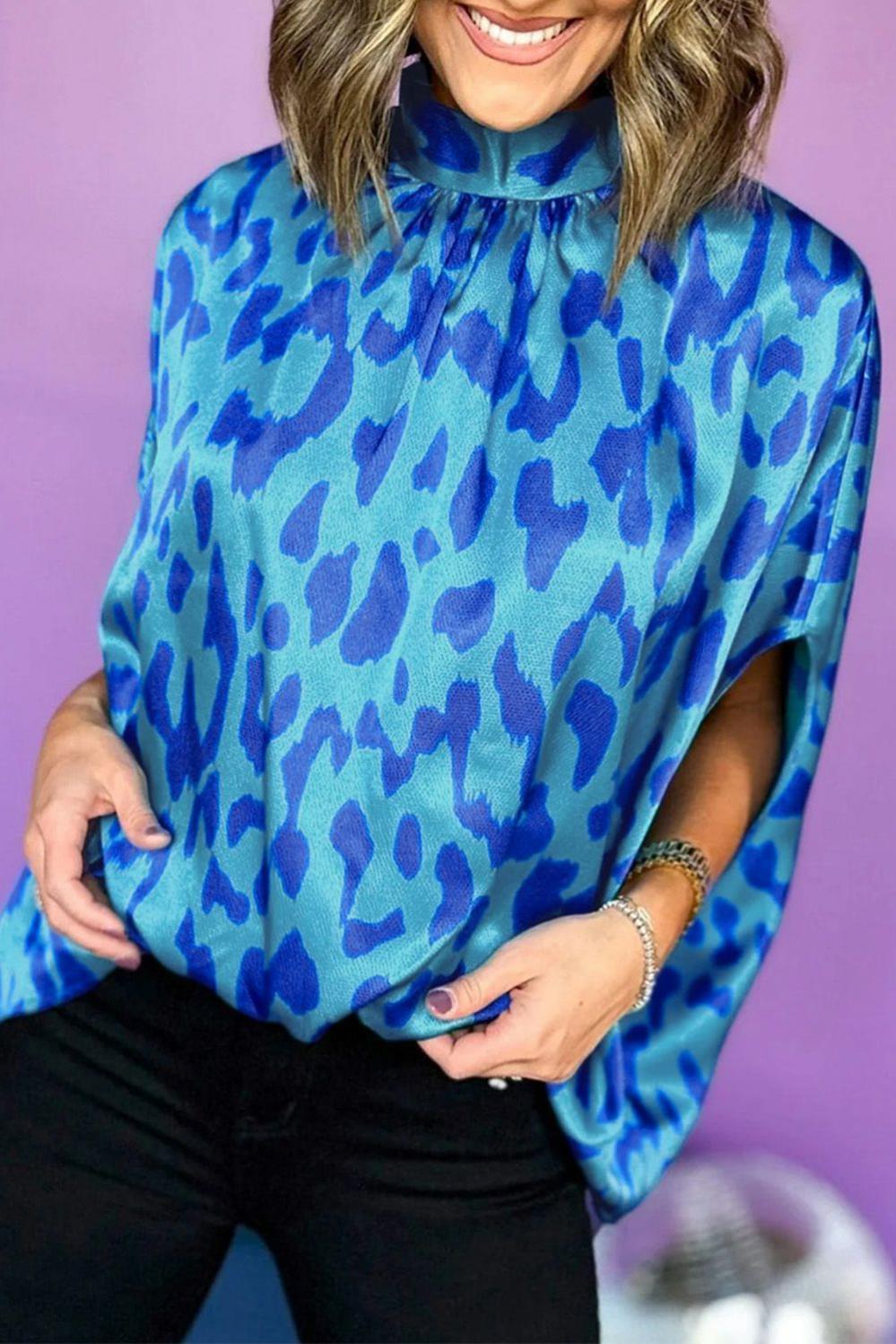 Womens  Blouses & Shirts | Blue Animal Printed Mock Neck Detail Caftan Top Blouses & Shirts Blouses & Shirts