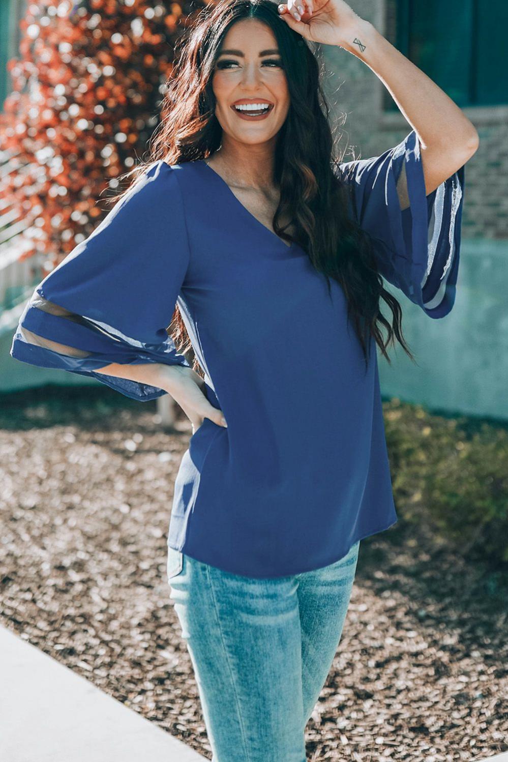 Womens  Blouses & Shirts | Blue Flare Sleeve V Neck Loose Blouse Blouses & Shirts Blouses & Shirts