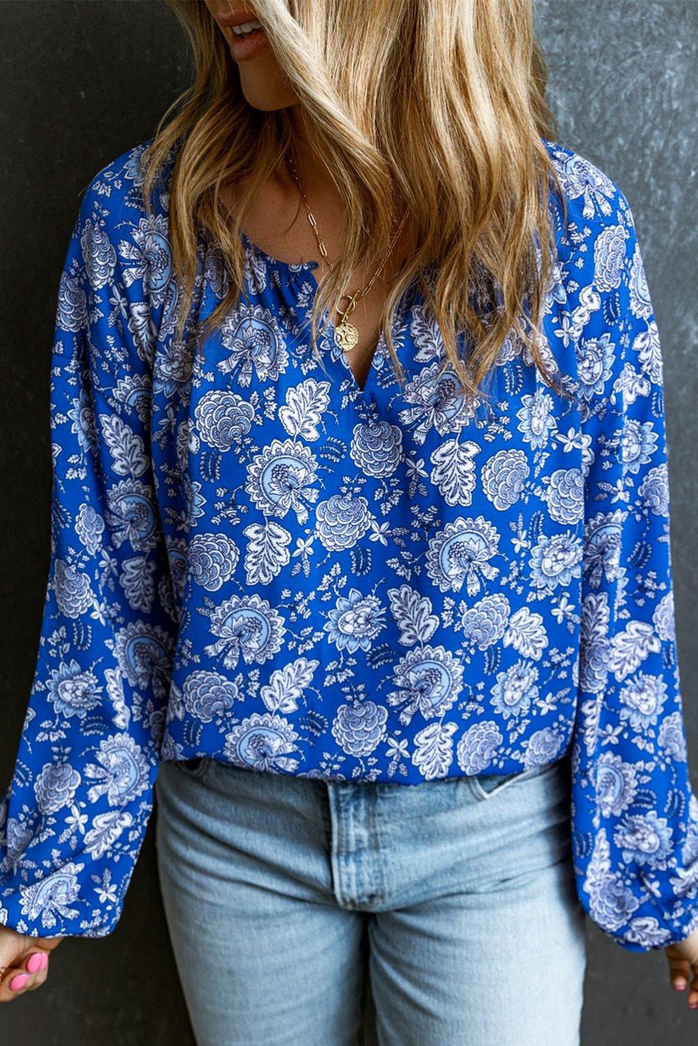 Womens  Blouses & Shirts | Blue Floral Notched V-Neck Long Sleeve Blouse Blouses & Shirts Blouses & Shirts