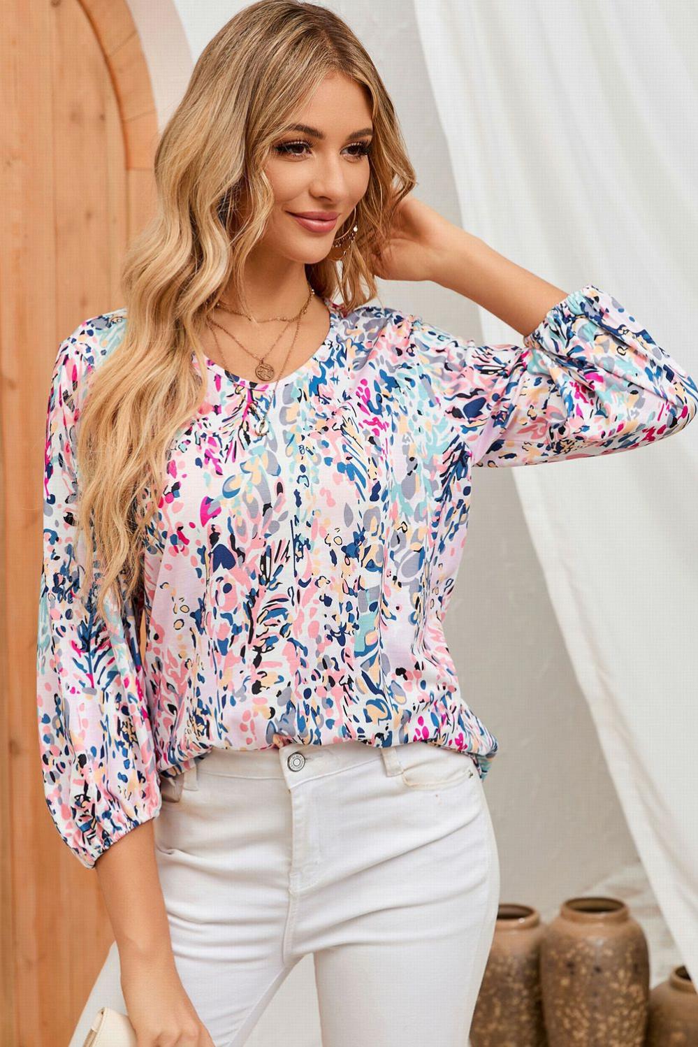 Womens  Blouses & Shirts | Blue Floral Print Puffy Sleeve Loose Blouse Blouses & Shirts Blouses & Shirts