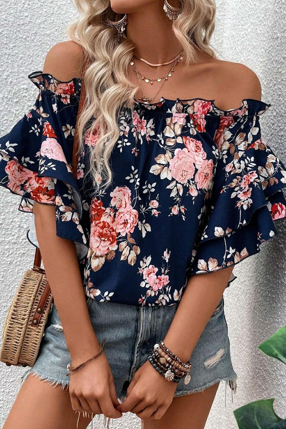 Womens  Blouses & Shirts | Blue Ruffle Off Shoulder Flounce Sleeve Floral Blouse Blouses & Shirts Blouses & Shirts