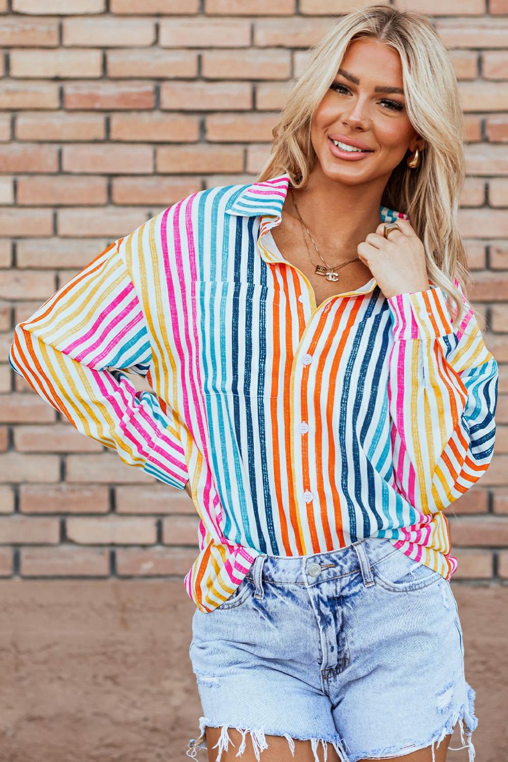 Womens  Blouses & Shirts | Orange Stripe Multicolor Drop Shoulder Loose Shirt Blouses & Shirts Blouses & Shirts