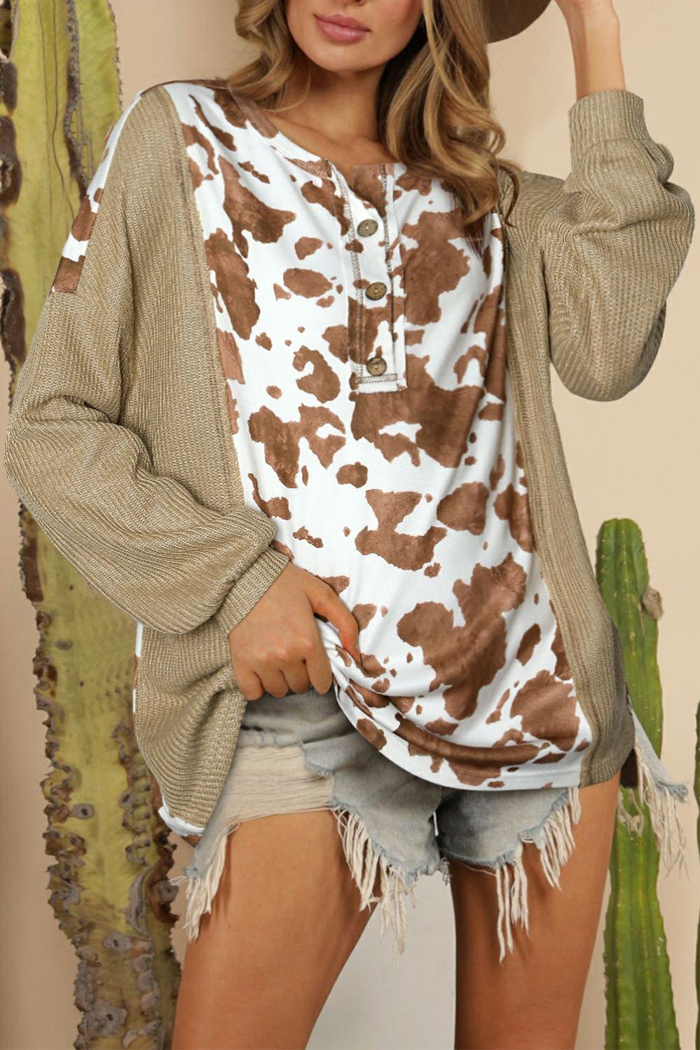 Womens  Blouses & Shirts | Pale Khaki Animal Print Textured Patch Lantern Sleeve Henley Blouse Blouses & Shirts Blouses & Shirts