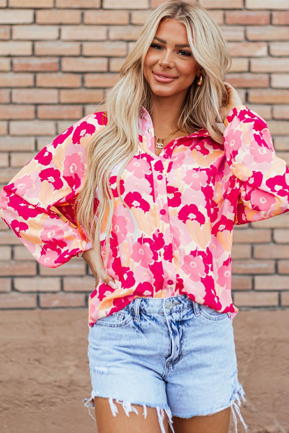 Womens  Blouses & Shirts | Pink Blooming Floral Print Puff Sleeve Buttoned Shirt Blouses & Shirts Blouses & Shirts