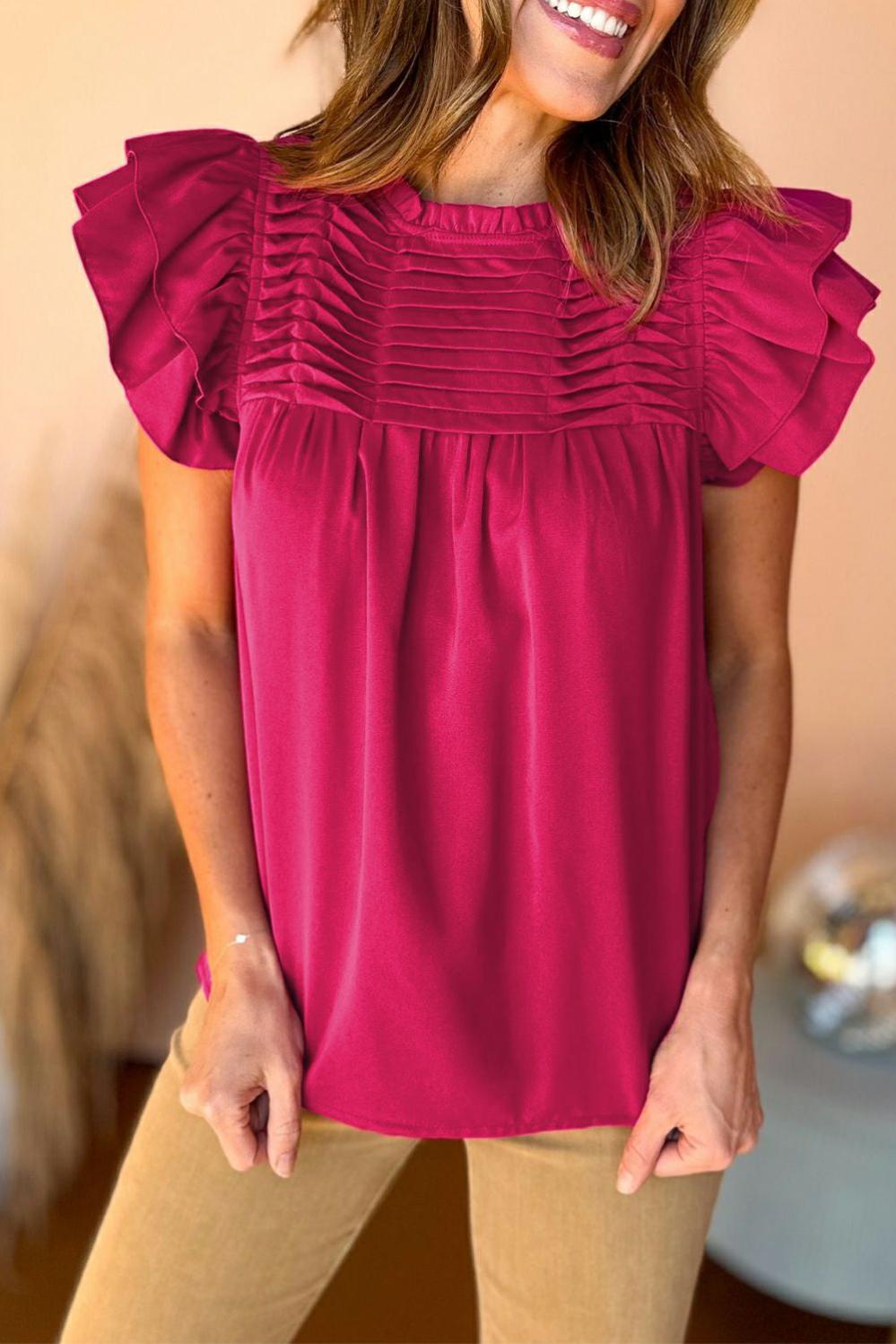 Womens  Blouses & Shirts | Rose Red Smocked Ruffle Sleeve Blouse Blouses & Shirts Blouses & Shirts