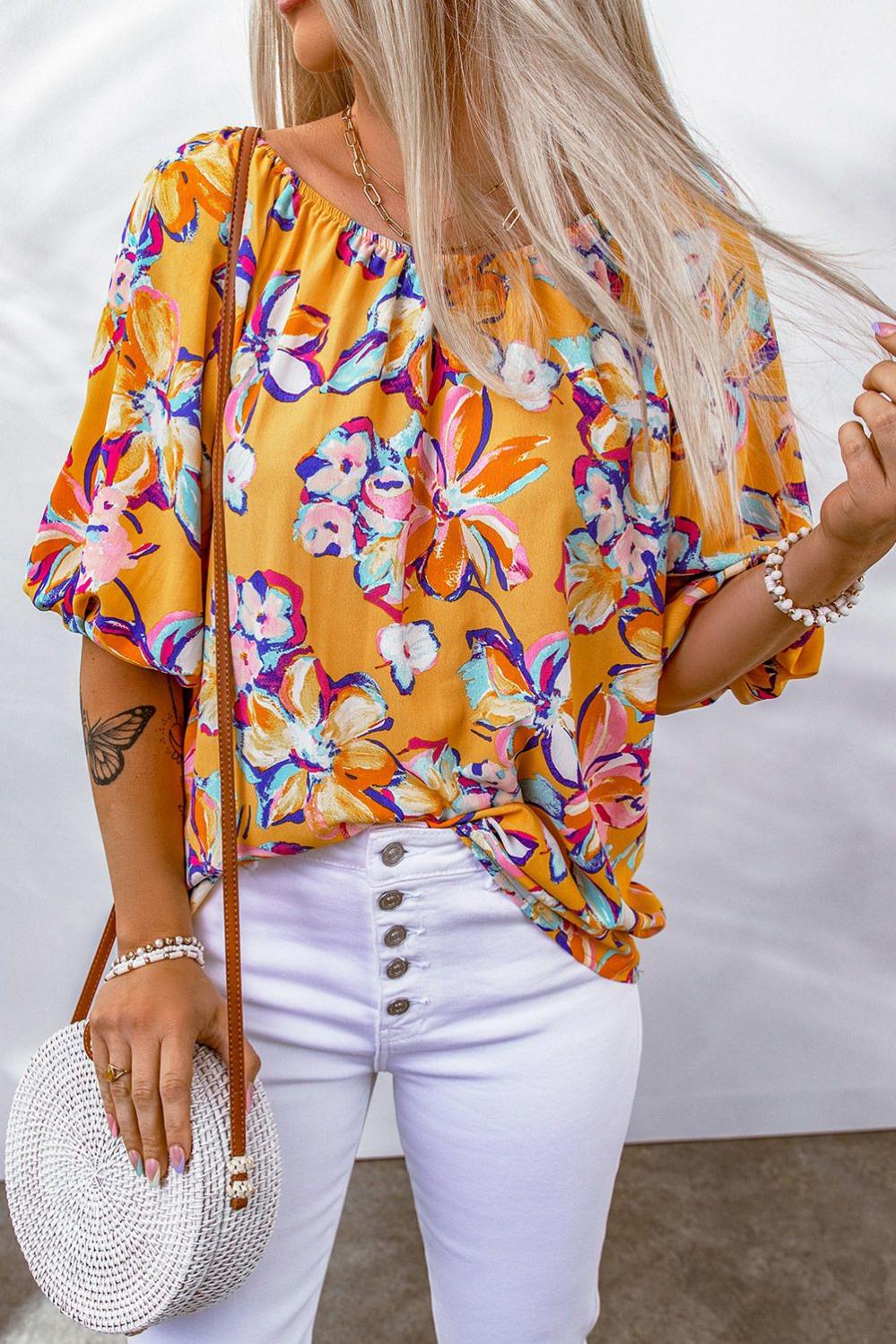 Womens  Blouses & Shirts | Yellow Floral Print Elastic Neckline Blouse Blouses & Shirts Blouses & Shirts