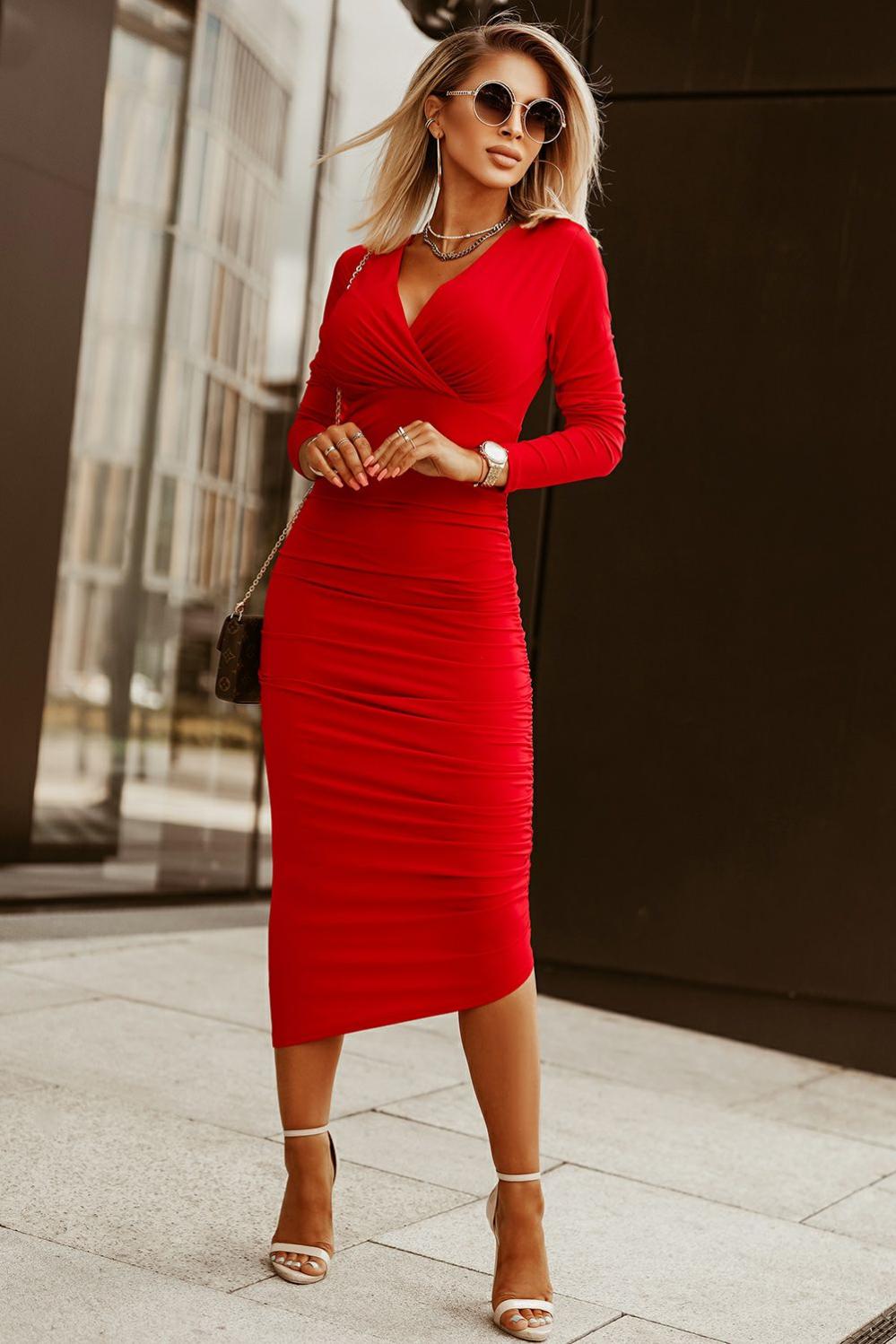 Womens  Bodycon Dresses | Fiery Red Long Sleeves Wrap V Neck Ruched Sheath Bodycon Dress Bodycon Dresses Bodycon Dresses