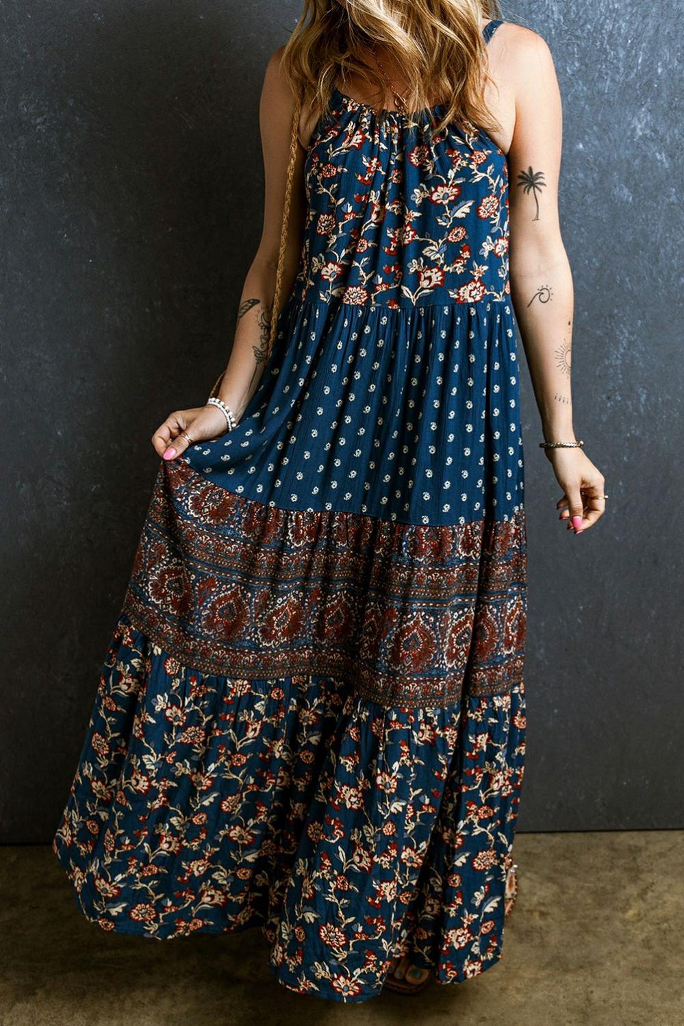 Womens  Boho Dresses | Blue Boho Floral Splicing Sleeveless Maxi Dress Boho Dresses Blue