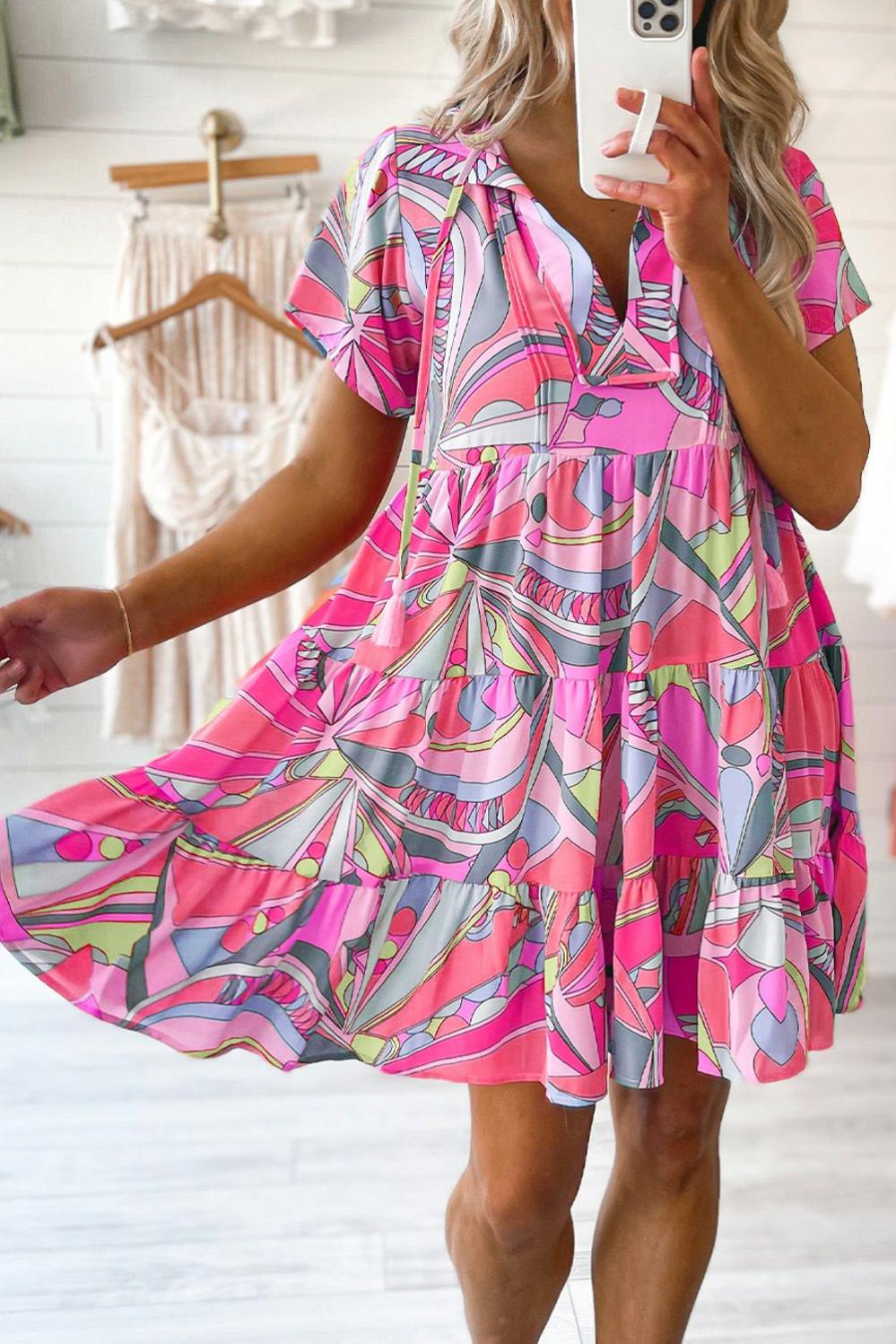 Womens  Boho Dresses | Pink Abstract Geometric Print Tassel Tie Flared Dress Boho Dresses Boho Dresses