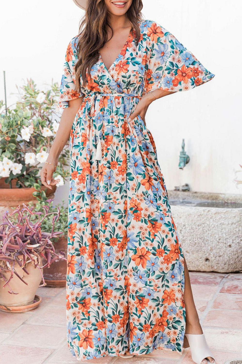 Womens  Boho Dresses | Sky Blue Floral Print Wrap Belted Maxi Dress Boho Dresses Boho Dresses