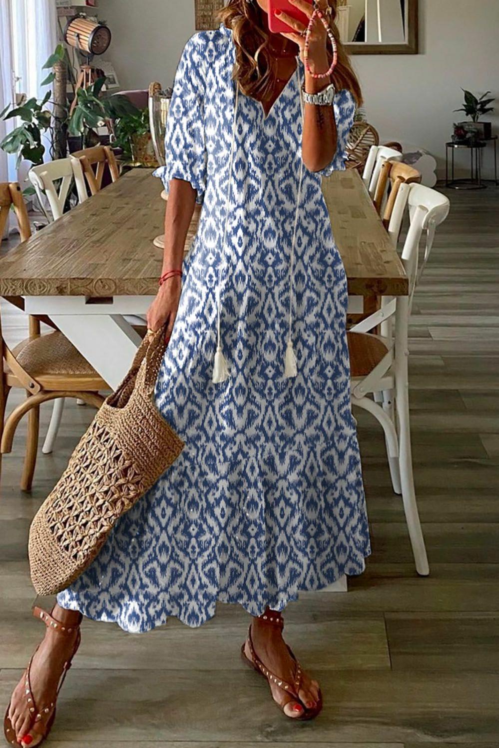 Womens  Boho Dresses | Sky Blue V Neck Casual Geometric Print Maxi Dress Boho Dresses Boho Dresses