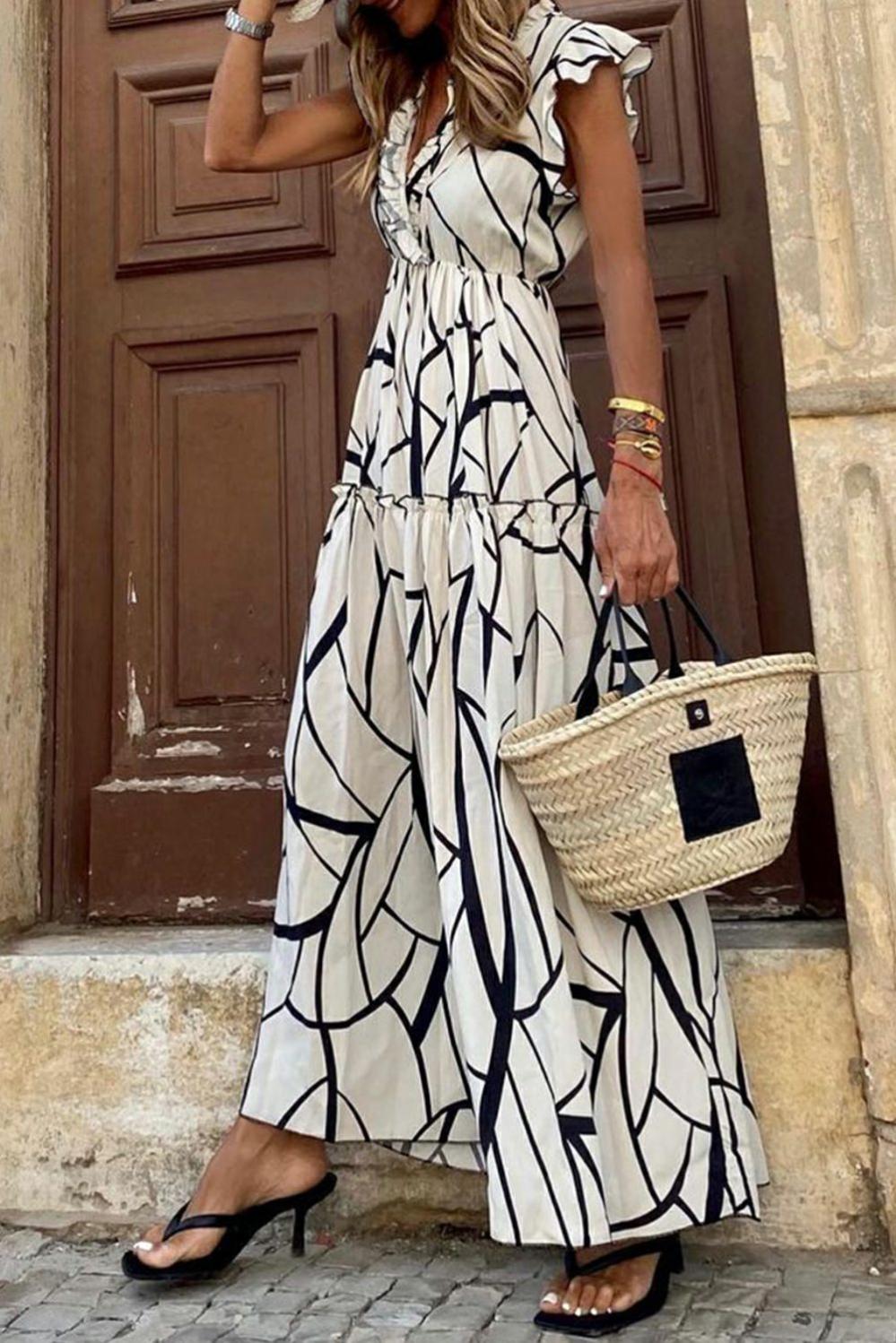 Womens  Boho Dresses | White Abstract Vein Print V Neck Ruffle Maxi Dress Boho Dresses Boho Dresses