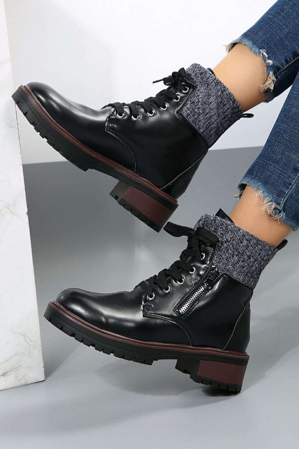 Womens  Boots | Black Knitted Patched Lace-up Heeled Ankle Boots Boots Black