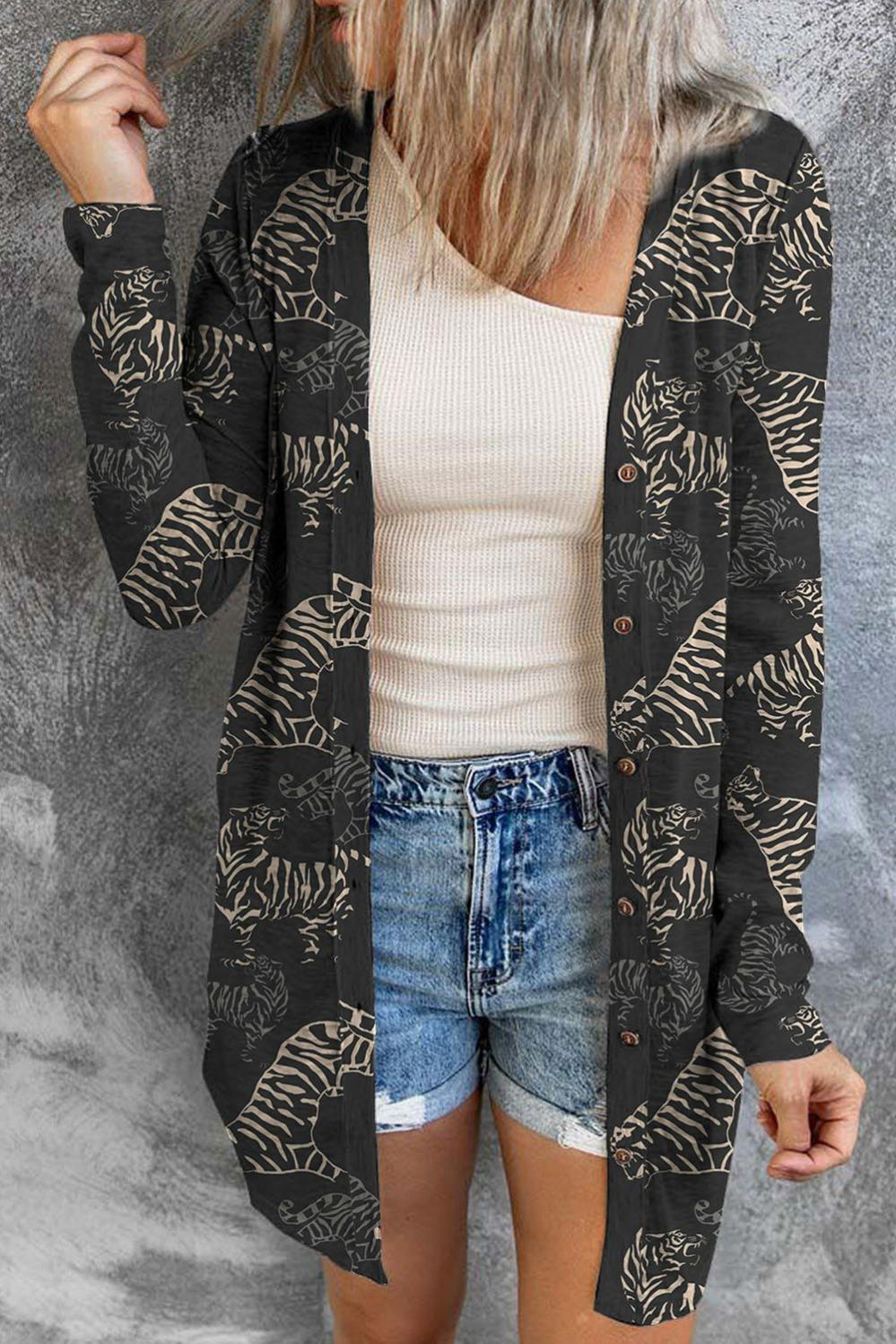 Womens  Cardigans | Black Wild Tiger Print Button Front Cardigan Cardigans Black