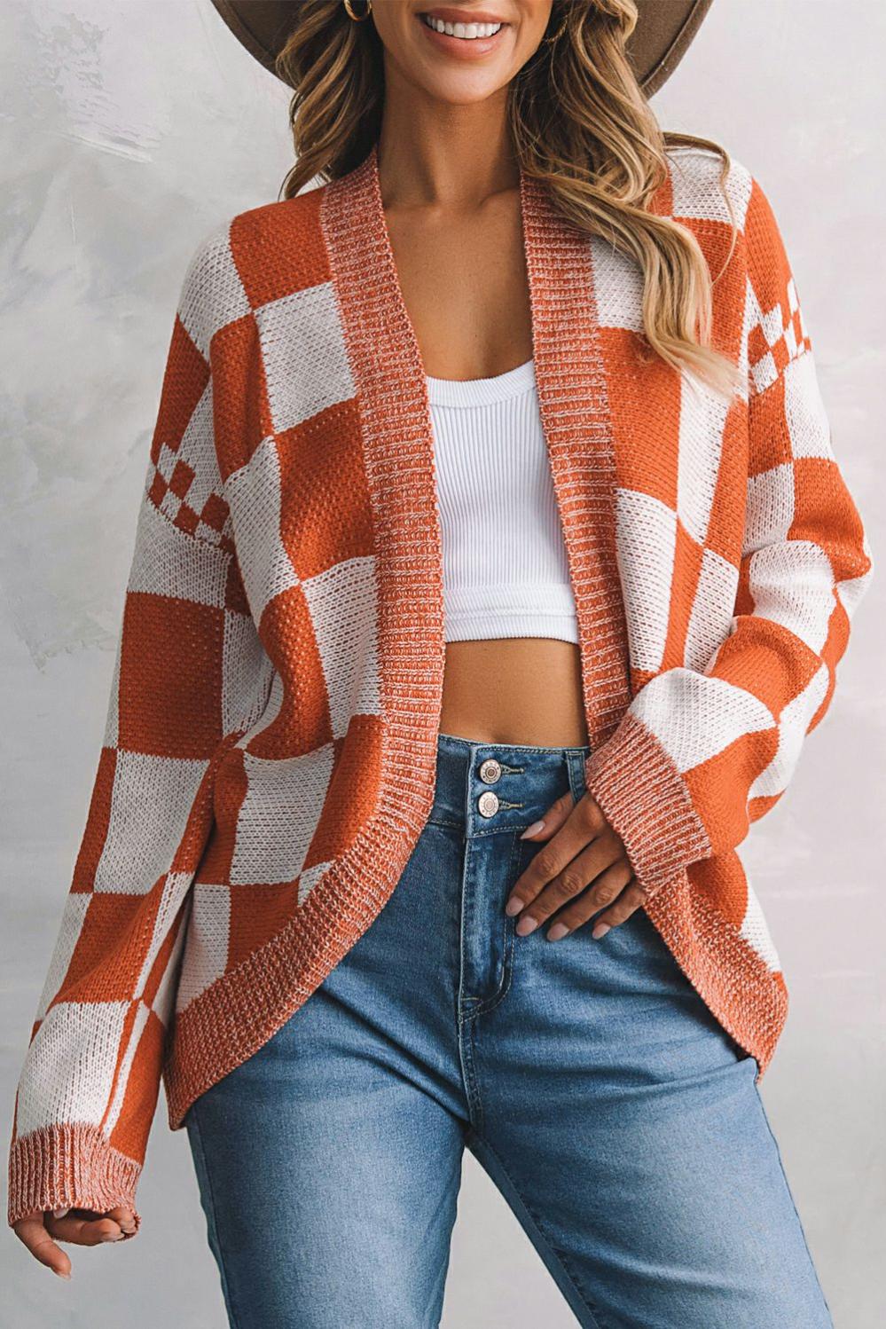 Womens  Cardigans | Chestnut Mix Checkered Open Front Knit Cardigan Cardigans Cardigans