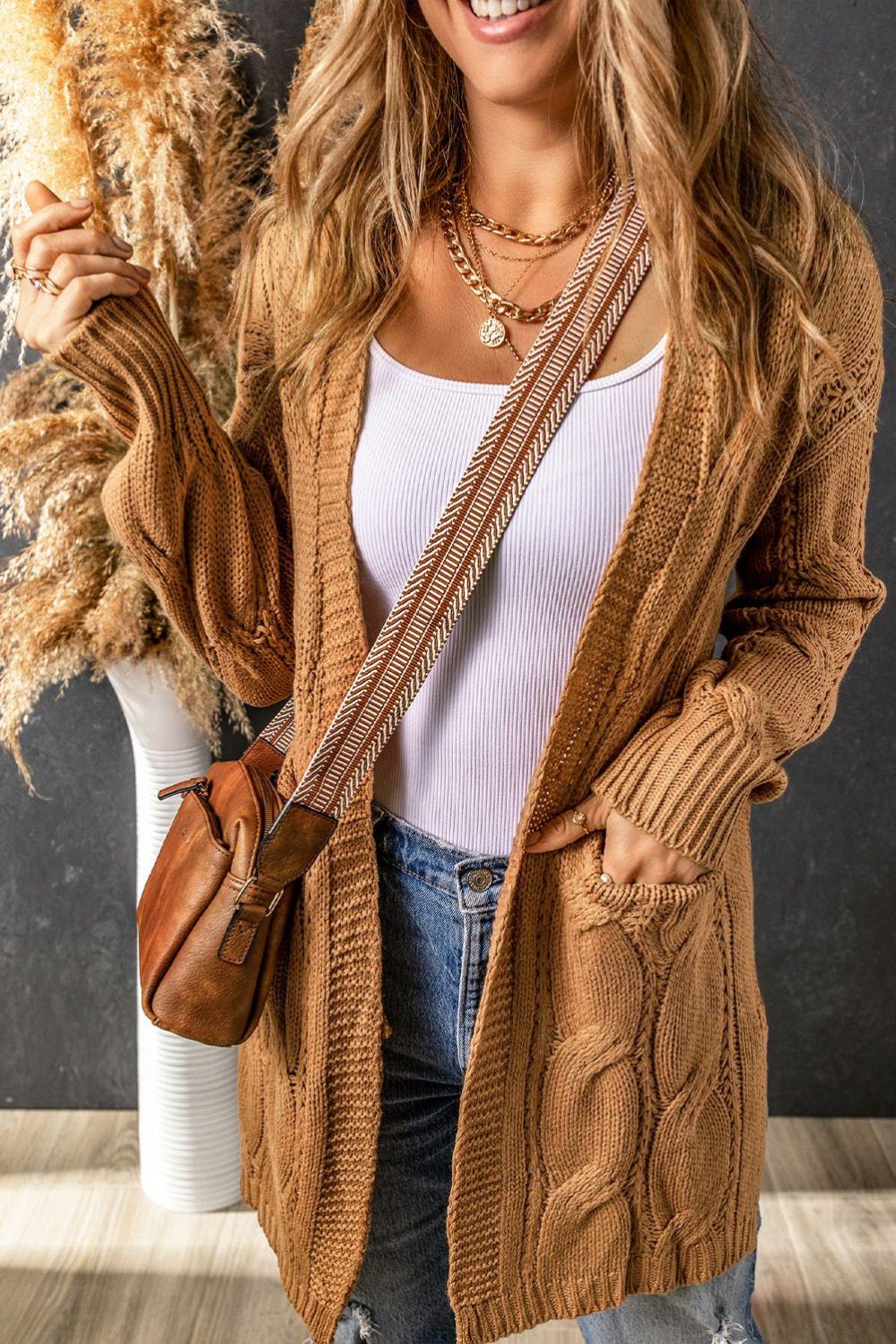 Womens  Cardigans | Khaki Ribbed Trim Eyelet Cable Knit Cardigan Cardigans Cardigans