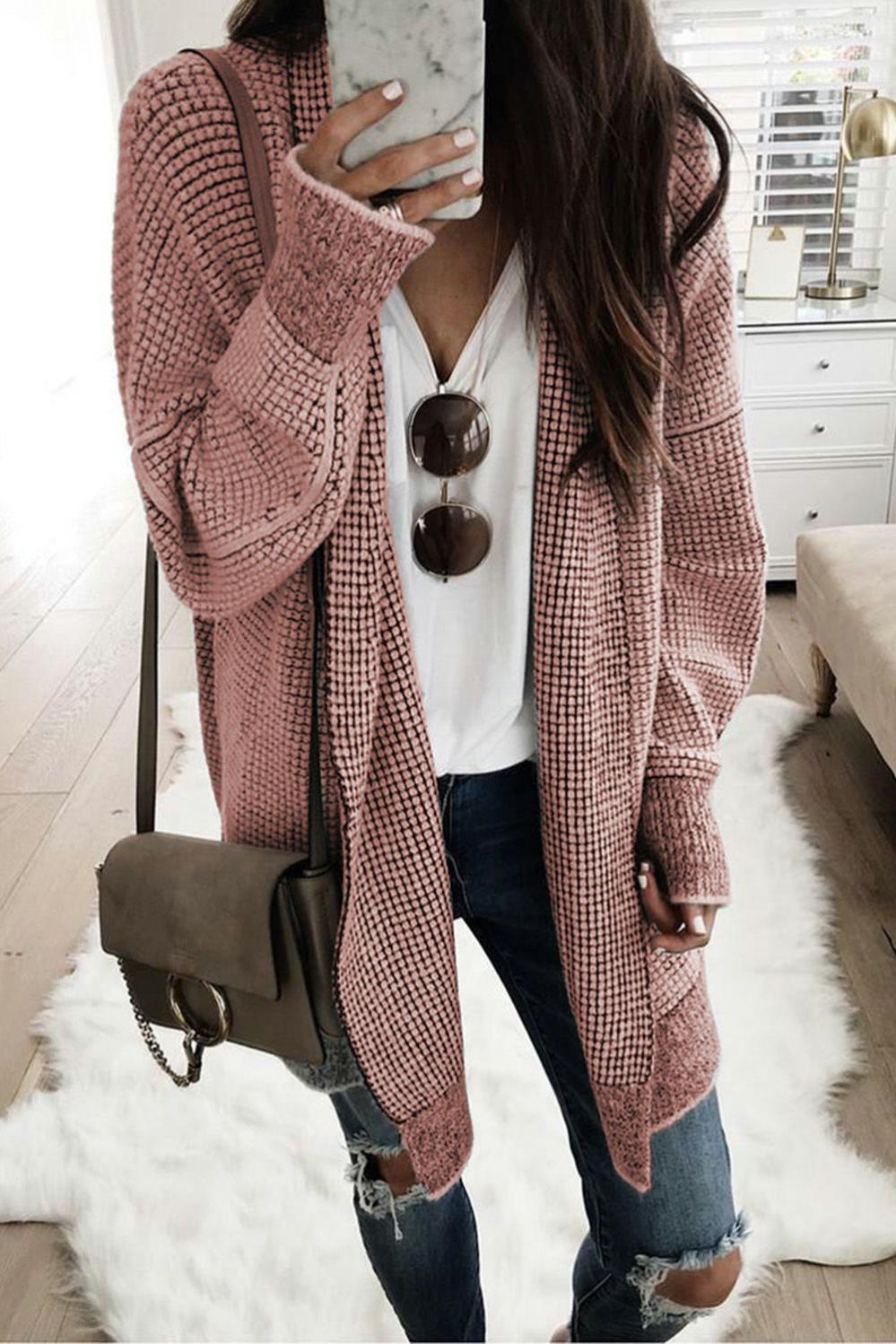 Womens  Cardigans | Pink Plaid Knitted Long Open Front Cardigan Cardigans Cardigans