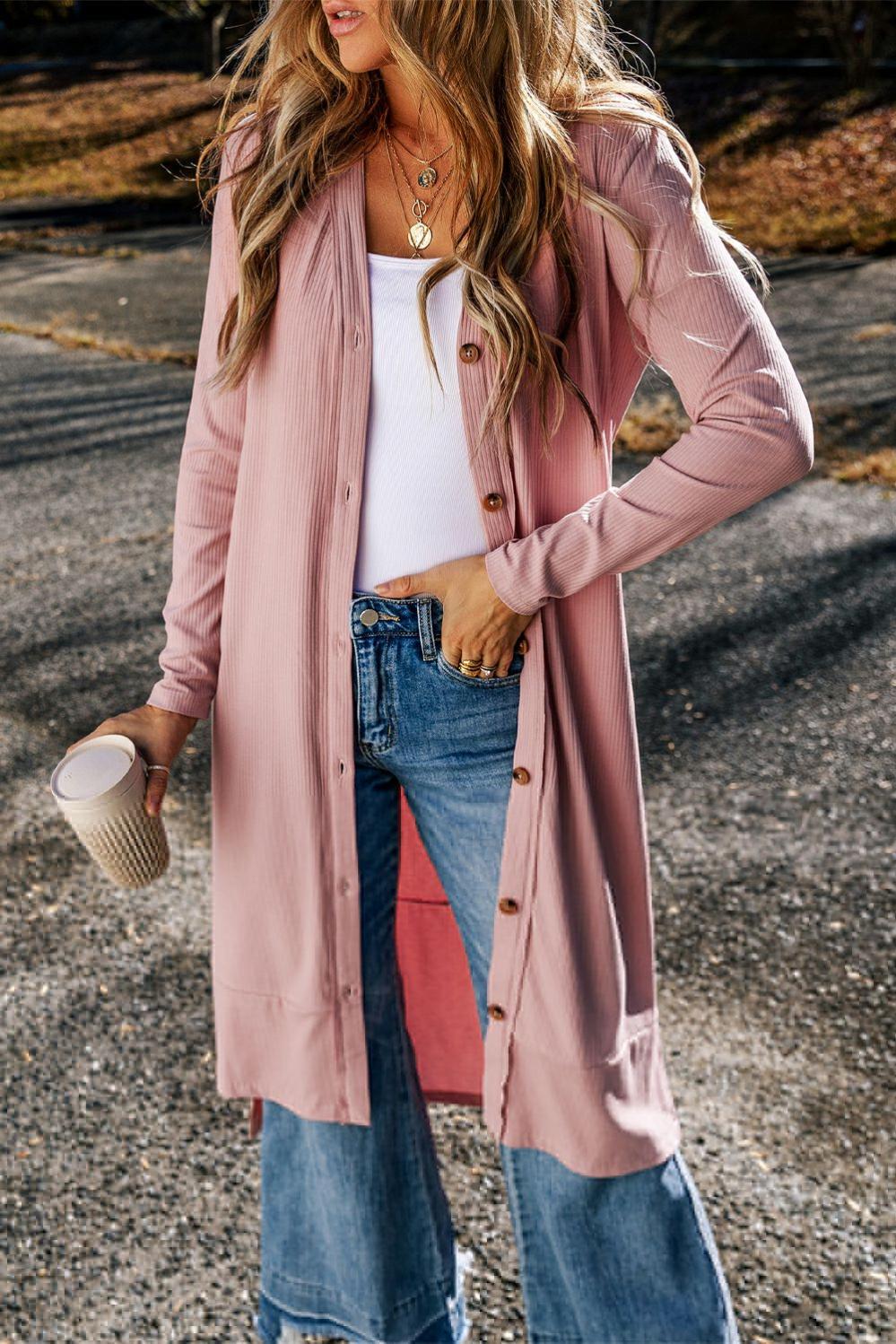 Womens  Cardigans | Pink Ribbed Button-Up Split Duster Cardigan Cardigans Cardigans