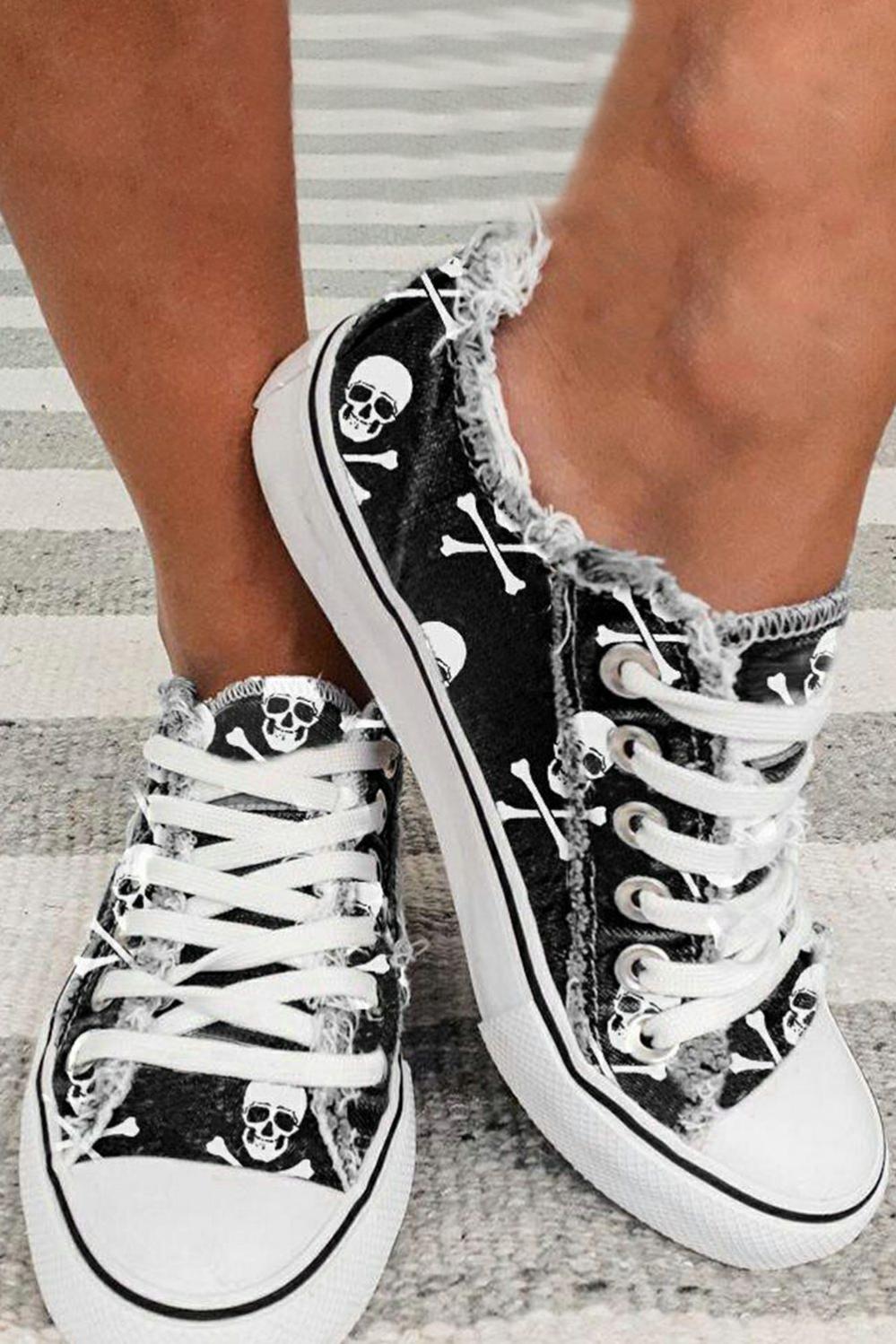 Womens  Casual Shoes | Black Skull Print Lace-up Canvas Sneakers Casual Shoes Black