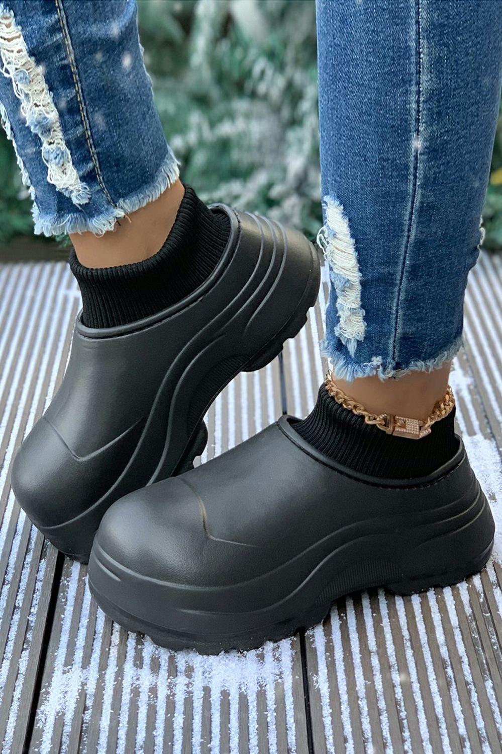 Womens  Casual Shoes | Black Waterproof Thick Sole Ribbed Ankle Shoes Casual Shoes Black