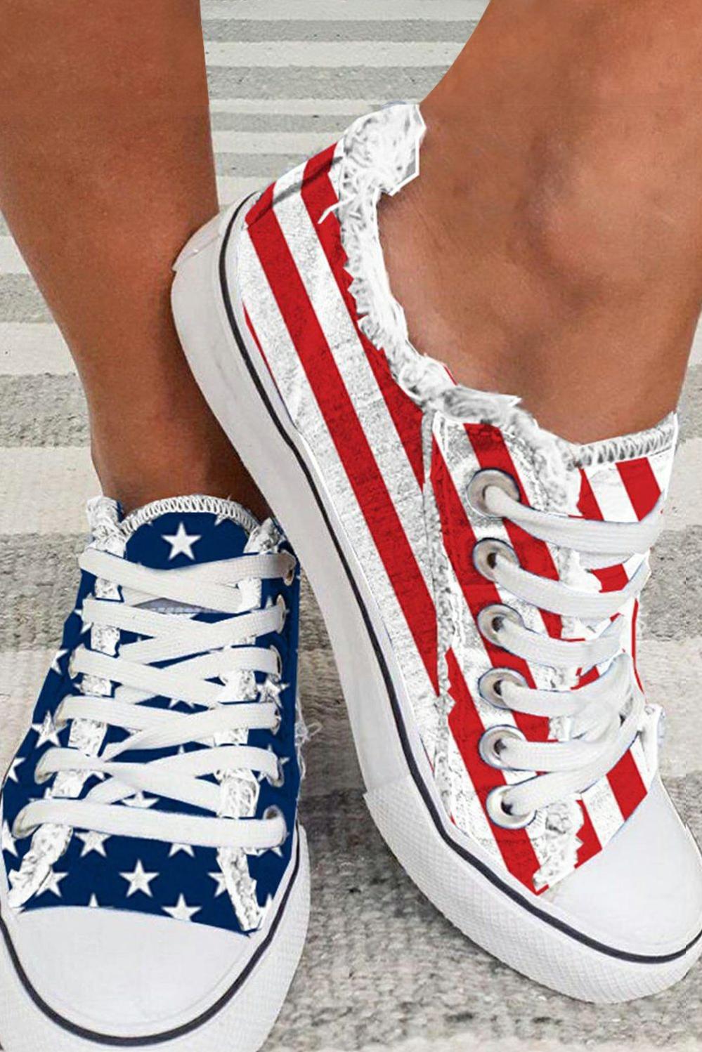 Womens  Casual Shoes | Blue American Flag Lace-up Canvas Flat Shoes Casual Shoes Blue