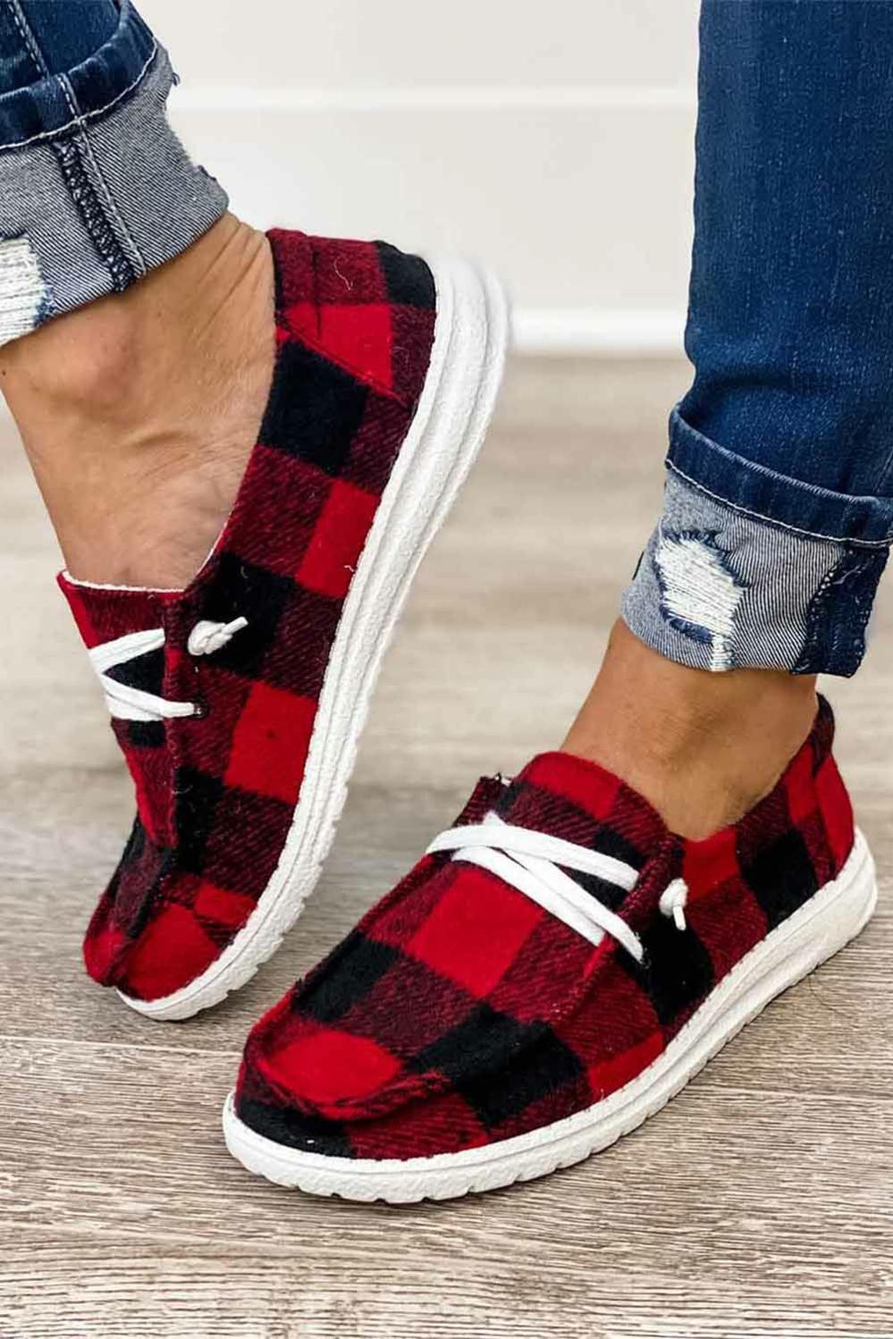 Womens  Casual Shoes | Fiery Red Vintage Plaid Lace Up Flat Shoes Casual Shoes Casual Shoes