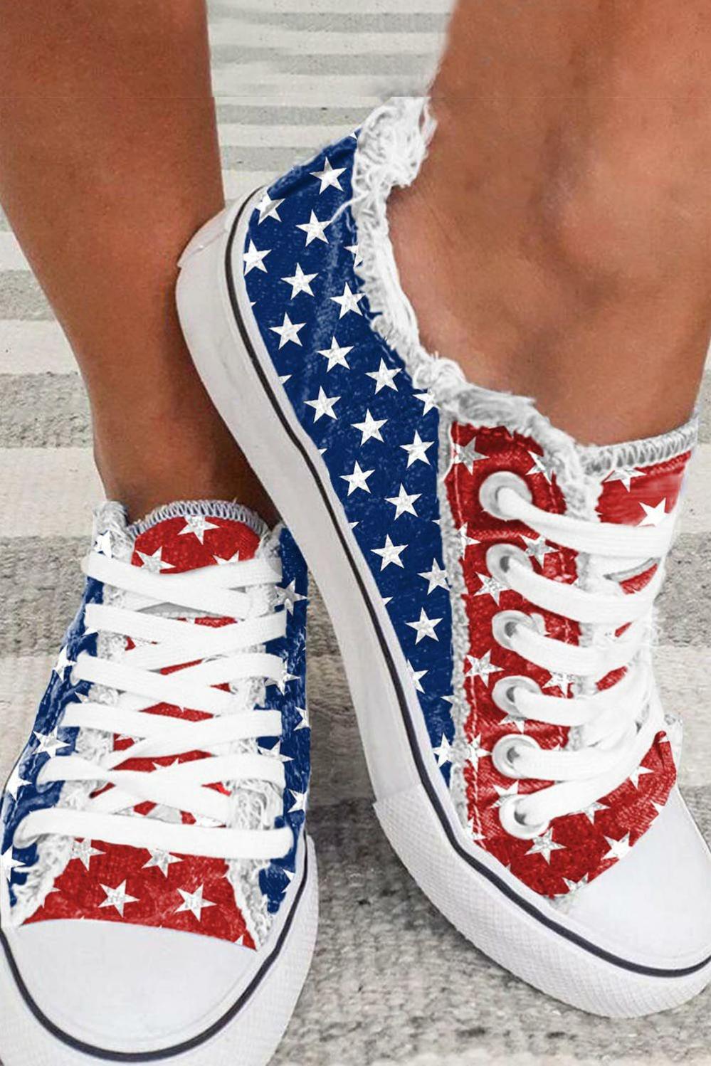 Womens  Casual Shoes | Multicolor American Flag Stars Printed Frayed Detail Lace-up Shoes Casual Shoes Casual Shoes