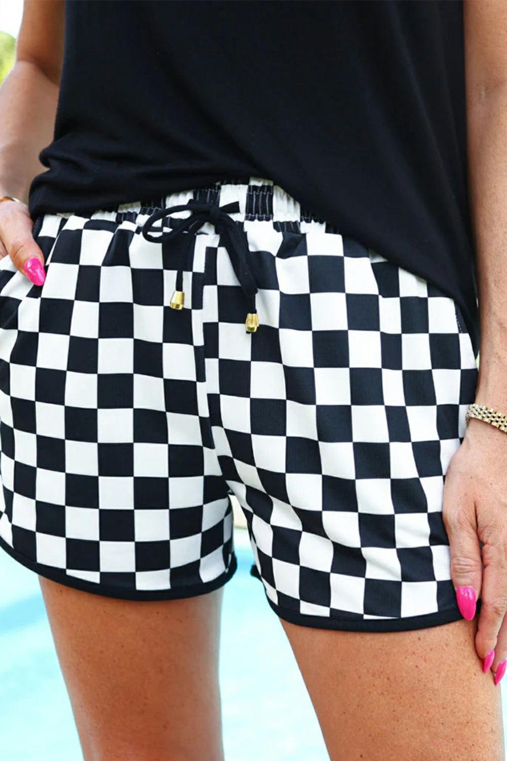 Womens  Casual Shorts | Black Checkered Drawstring Elastic Waist Casual Shorts BOTTOMS Black