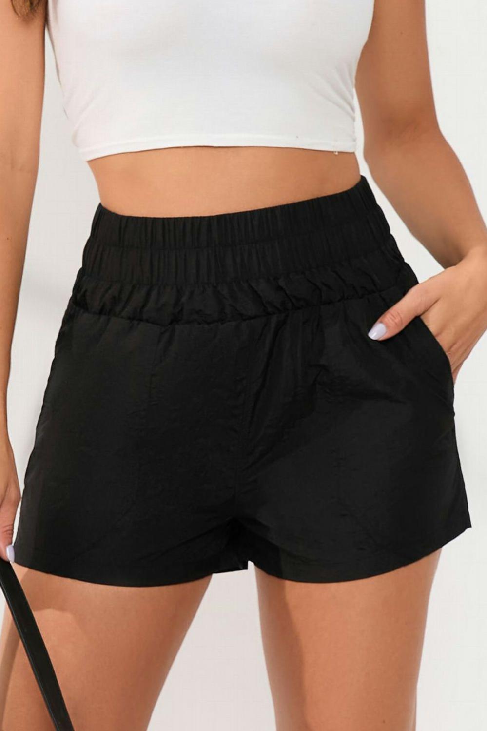 Womens  Casual Shorts | Black Elastic High Waist Side Pockets Shorts BOTTOMS Black