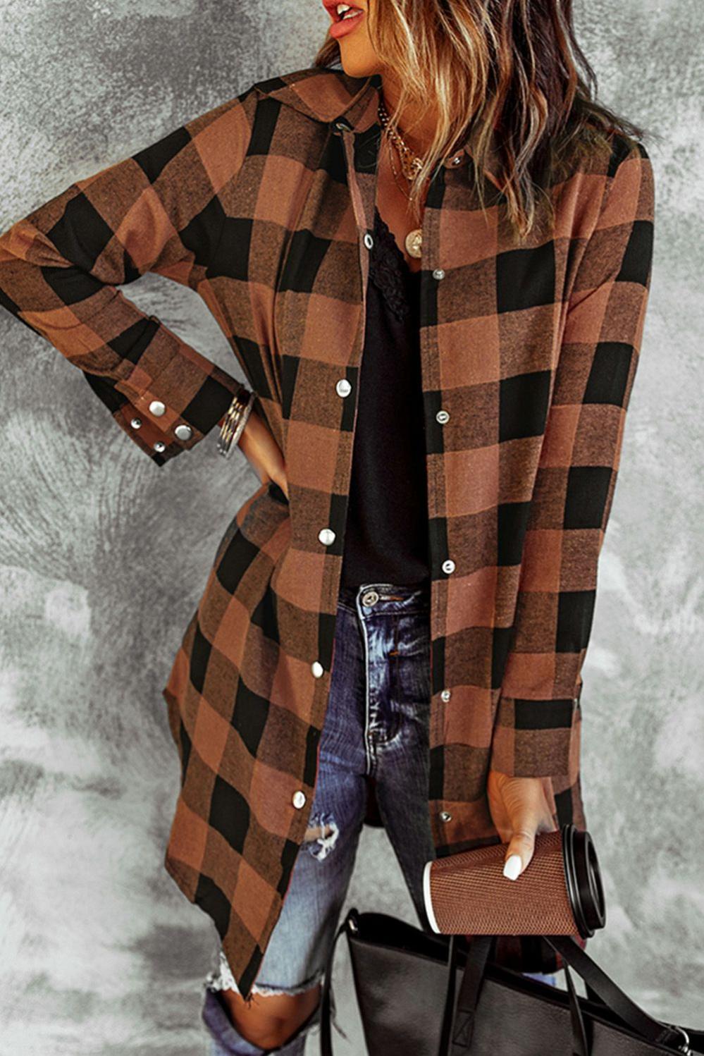 Womens  Coats | Brown Turn-down Collar Plaid Shirt Coat Coats Brown