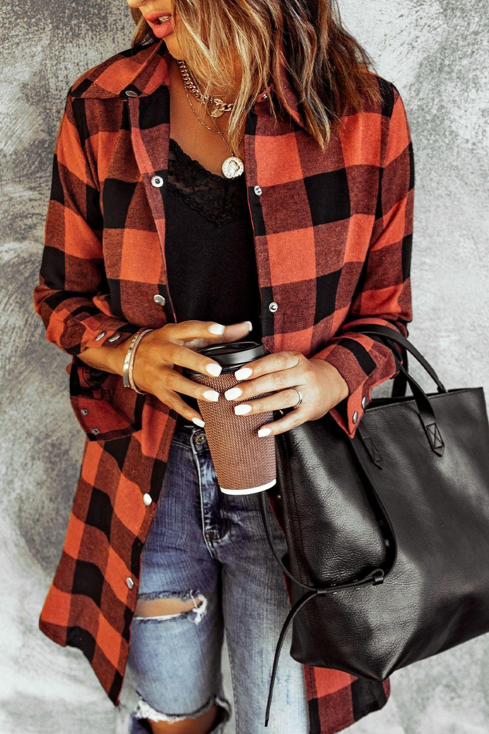 Womens  Coats | Fiery Red Turn-down Collar Plaid Shirt Coat Coats Coats