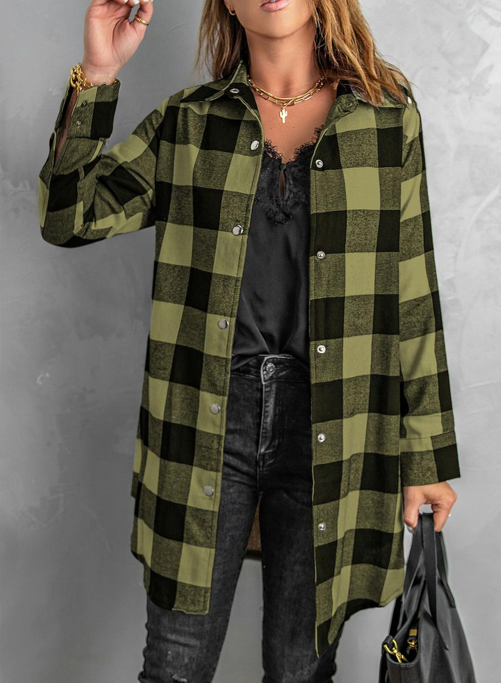 Womens  Coats | Green Turn-down Collar Plaid Shirt Coat Coats Coats