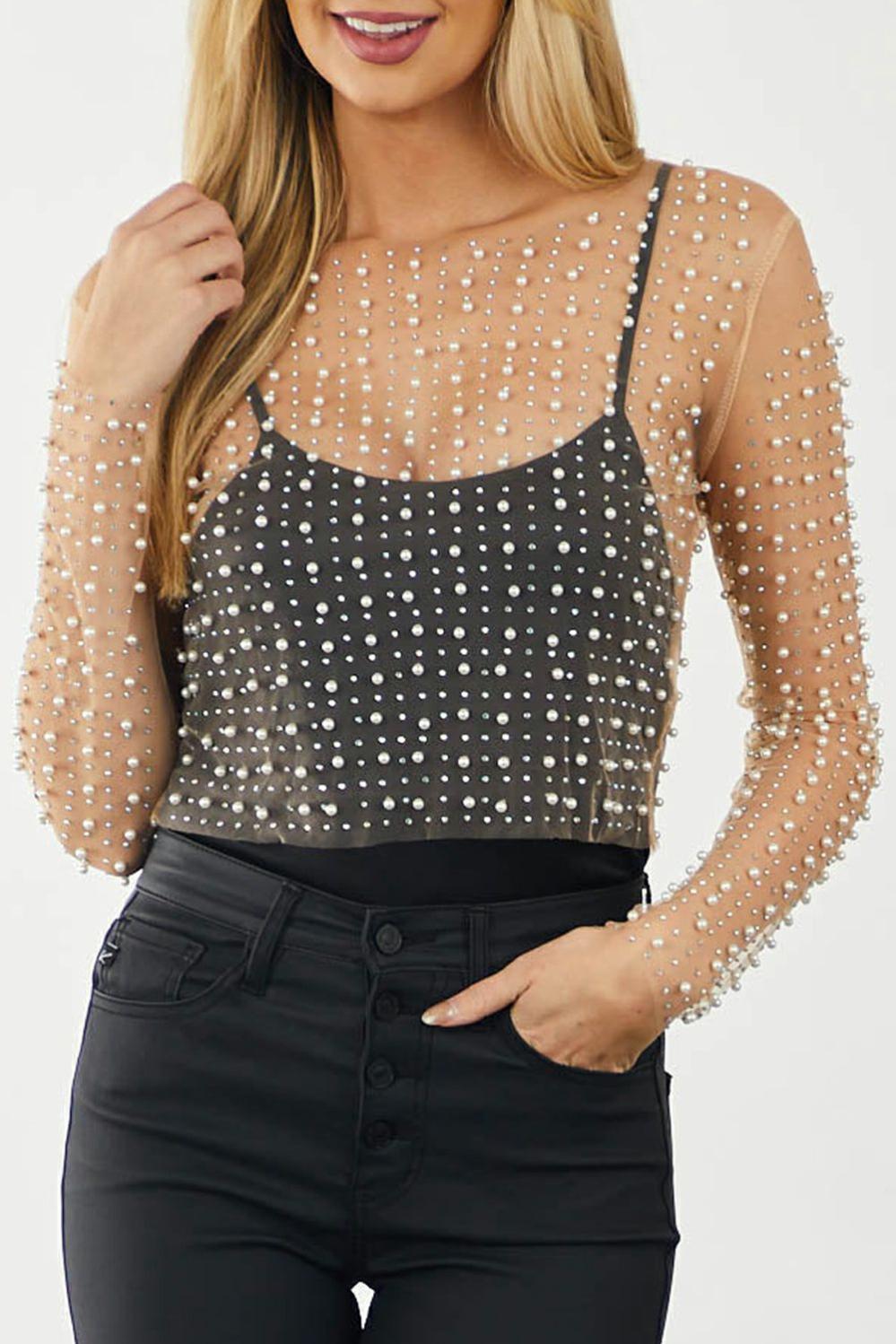 Womens  Crop Tops | Apricot Pearl and Rhinestone Detail Sheer Mesh Top Crop Tops Apricot