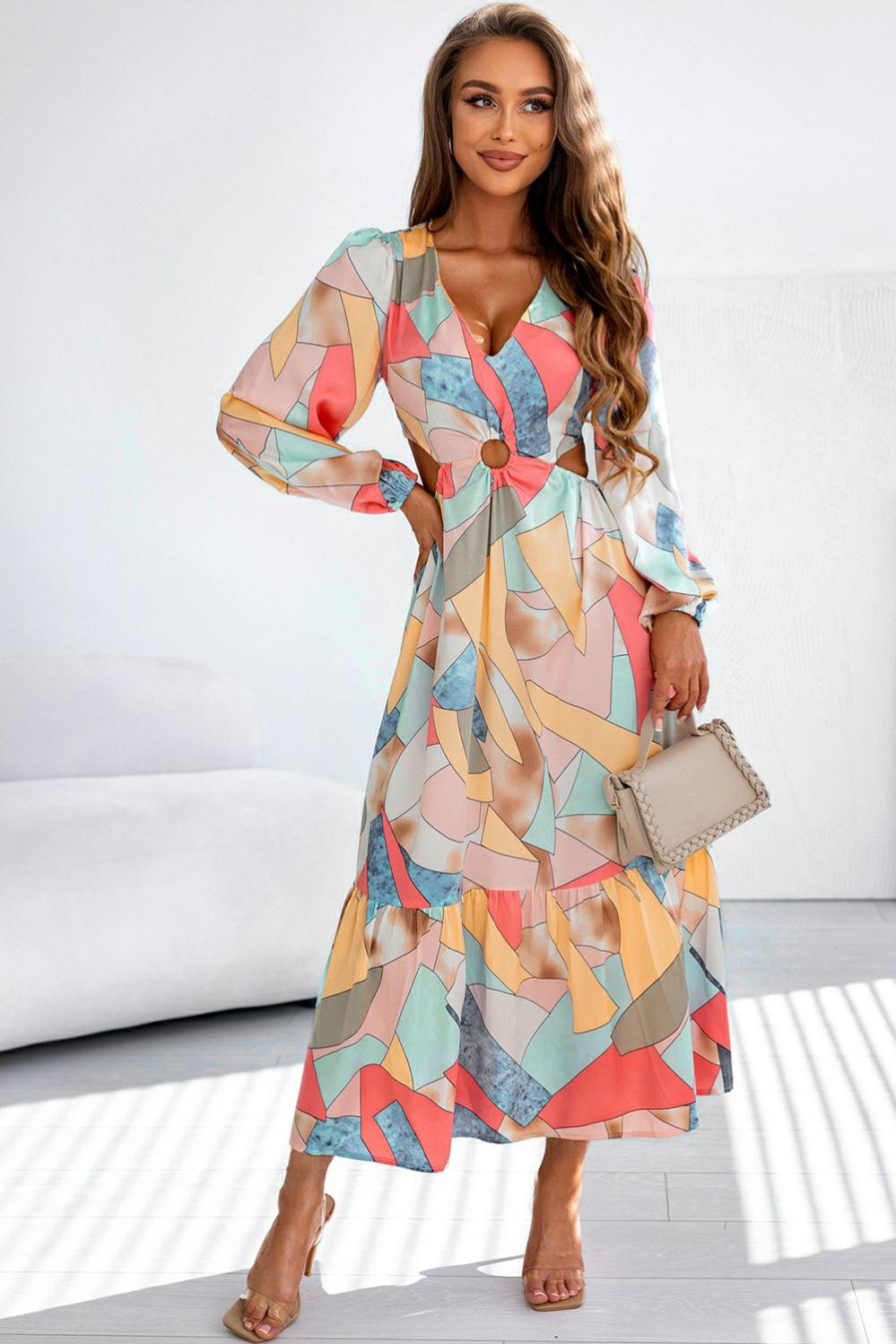 Womens  Cut Out Dresses | Multicolor Abstract Print O-ring Cut out Long Sleeve Maxi Dress Cut Out Dresses Cut Out Dresses