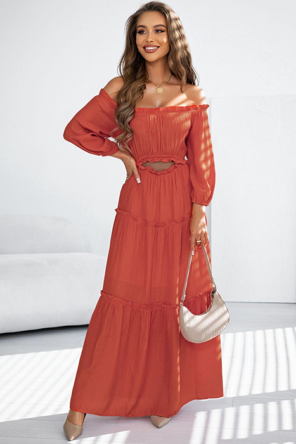 Womens  Cut Out Dresses | Orange Off Shoulder Balloon Sleeve Cutout Ruffled Maxi Dress Cut Out Dresses Cut Out Dresses