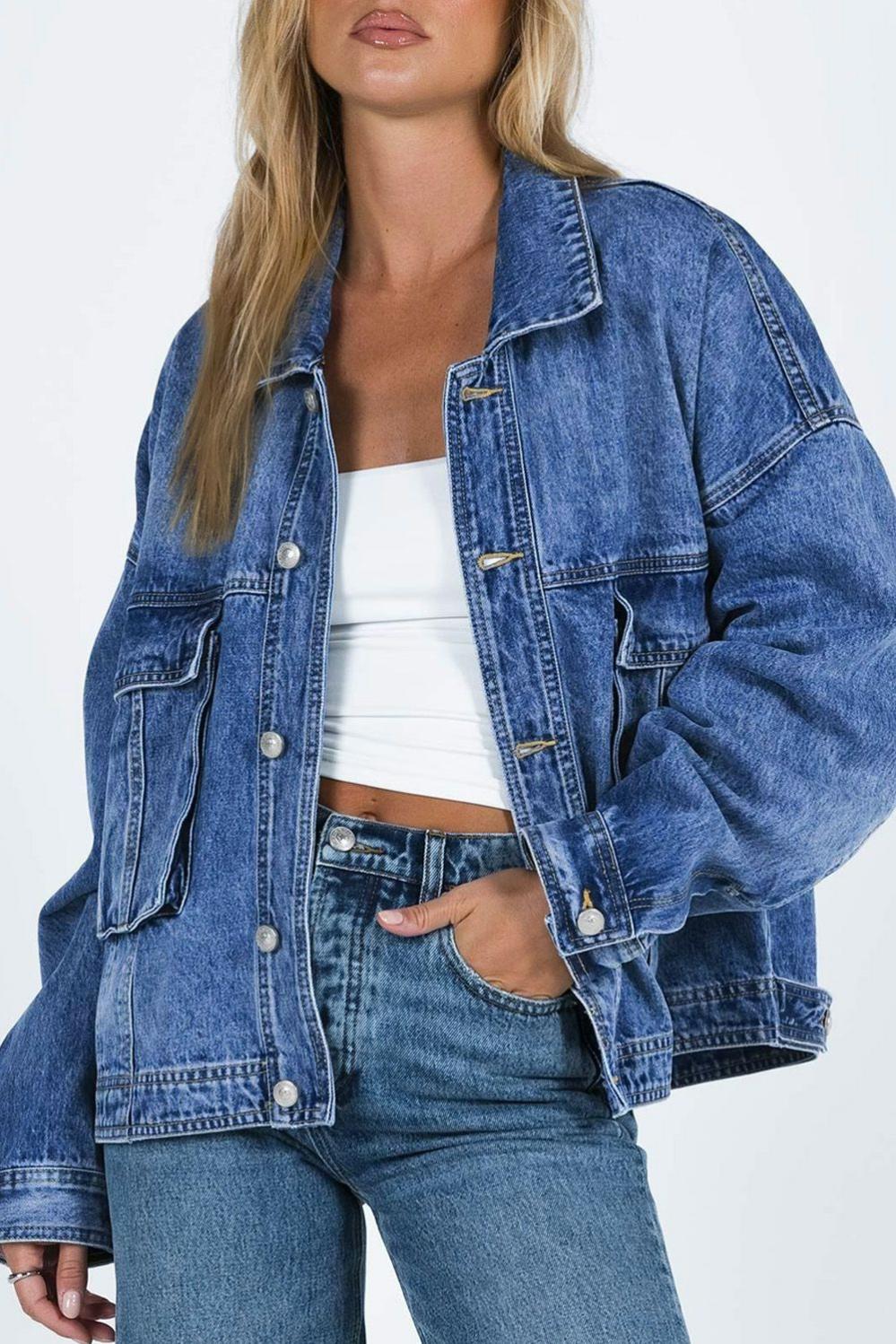 Womens  Denim Jackets | Blue Chest Pockets Drop Shoulder Loose Denim Jacket Denim Jackets Blue