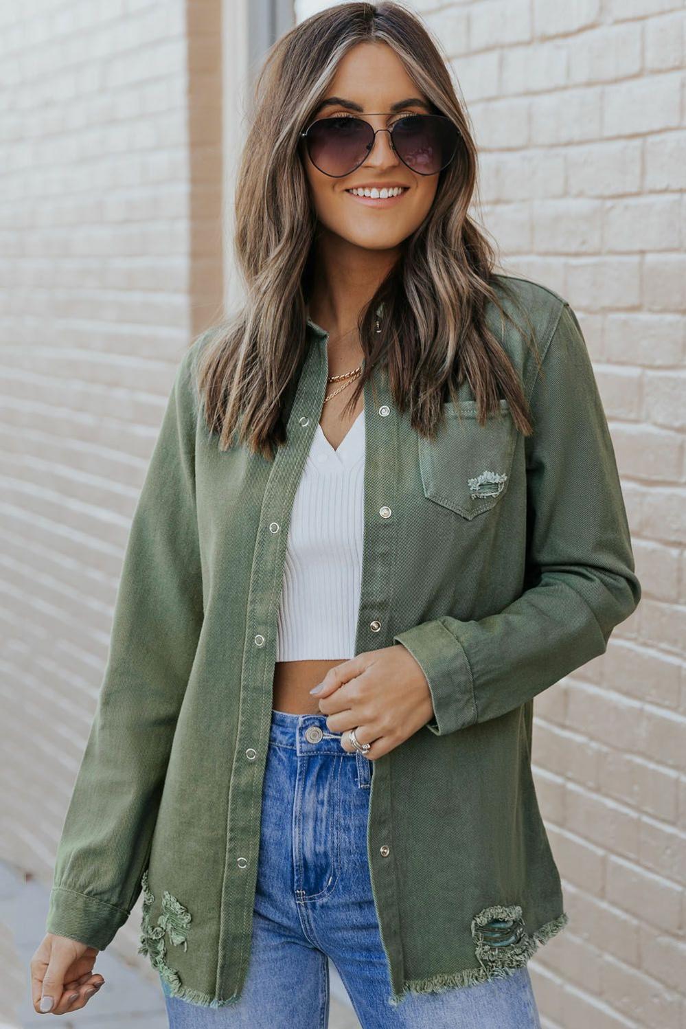 Womens  Denim Jackets | Green Ripped Denim Jacket Denim Jackets Denim Jackets