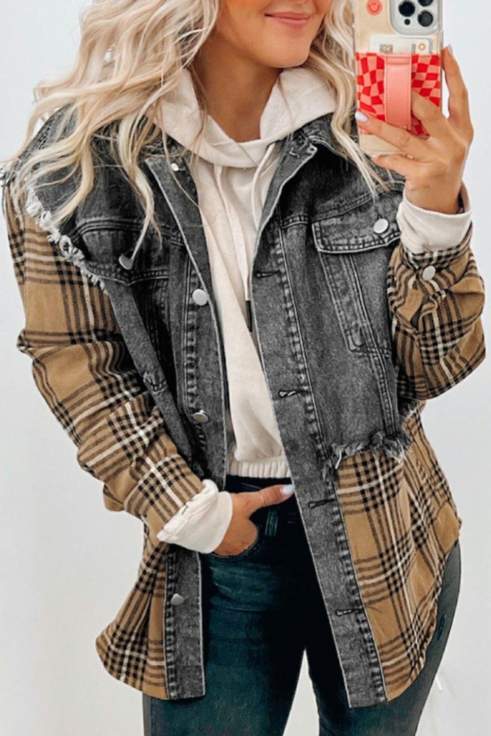 Womens  Denim Jackets | Medium Grey Plaid Patch Distressed Flap Pocket Denim Shacket Denim Jackets Denim Jackets