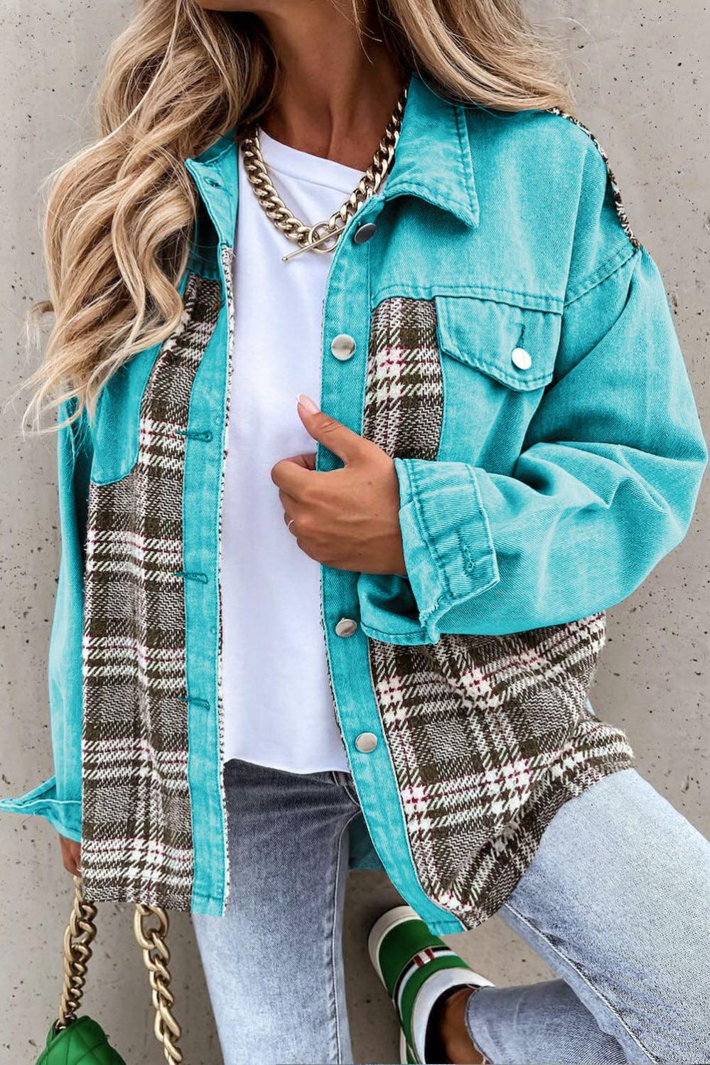 Womens  Denim Jackets | Sky Blue Plaid Patchwork Pockets Denim Jacket Denim Jackets Denim Jackets