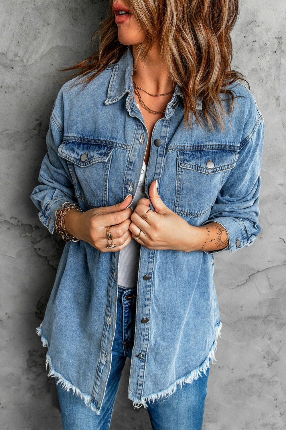 Womens  Denim Jackets | Sky Blue Pocket Raw Hem Buttoned Denim Jacket Denim Jackets Denim Jackets