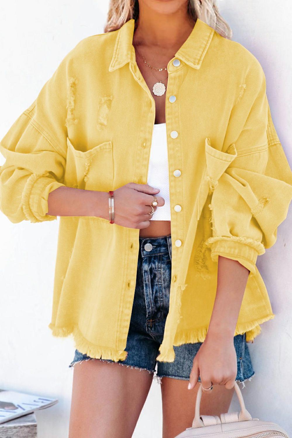 Womens  Denim Jackets | Yellow Distressed Fringe Trim Denim Jacket Denim Jackets Denim Jackets